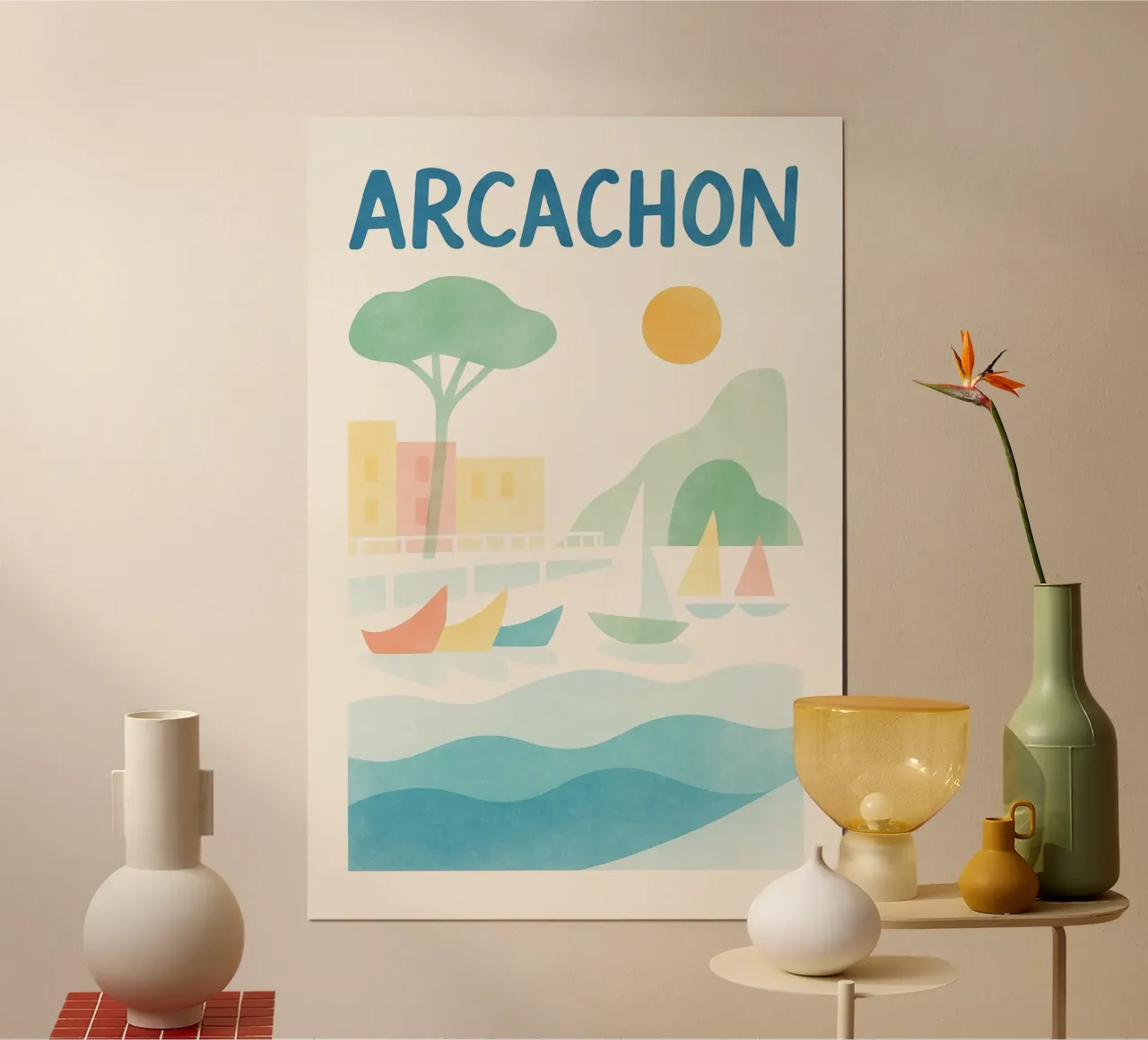 Poster vintage di Arcachon - bacino, barche a vela e morbidezza poster con telaio in plastica da JETLAG | affiches voyage