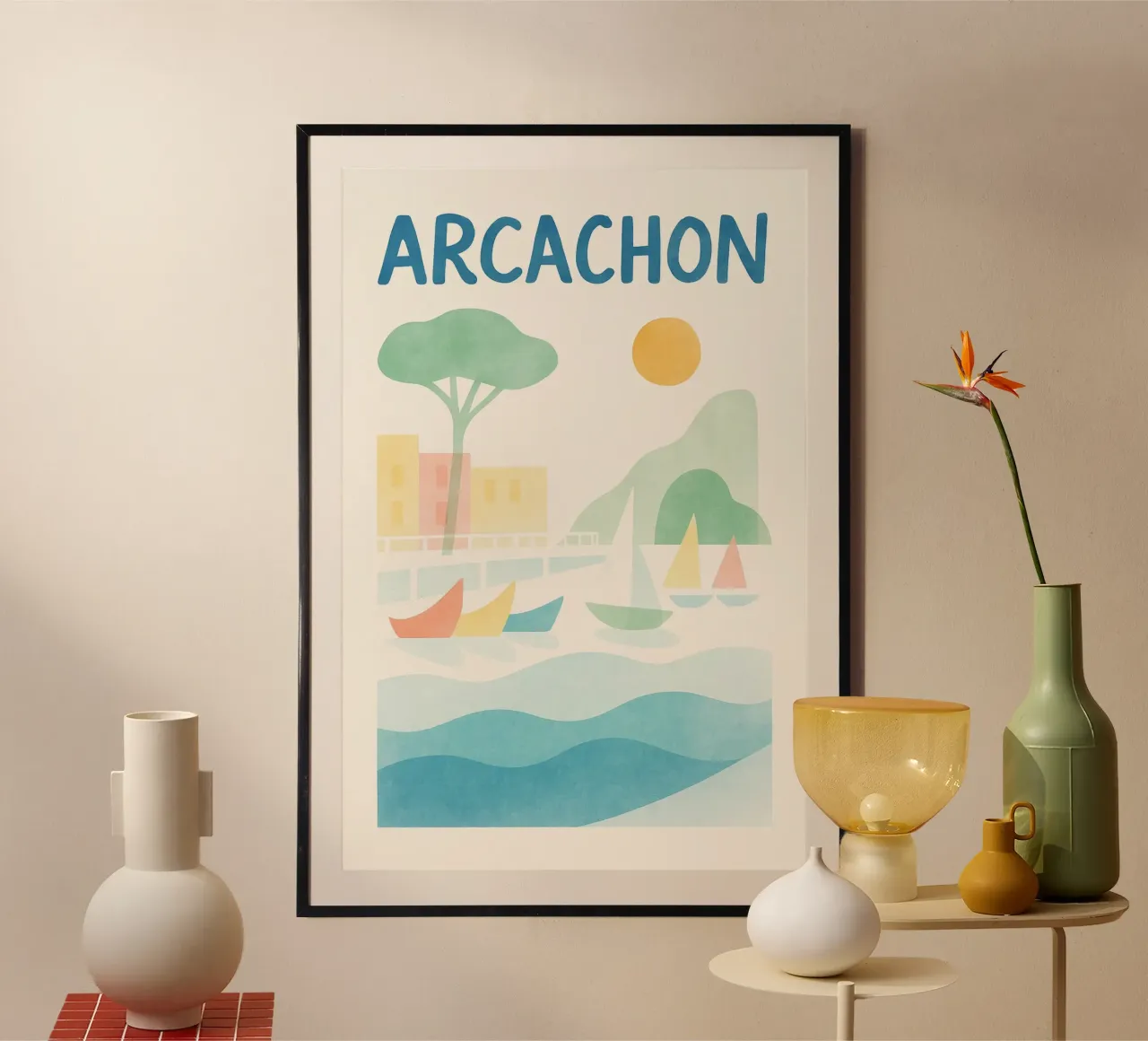 Poster vintage di Arcachon - bacino, barche a vela e morbidezza poster con telaio in plastica da JETLAG | affiches voyage