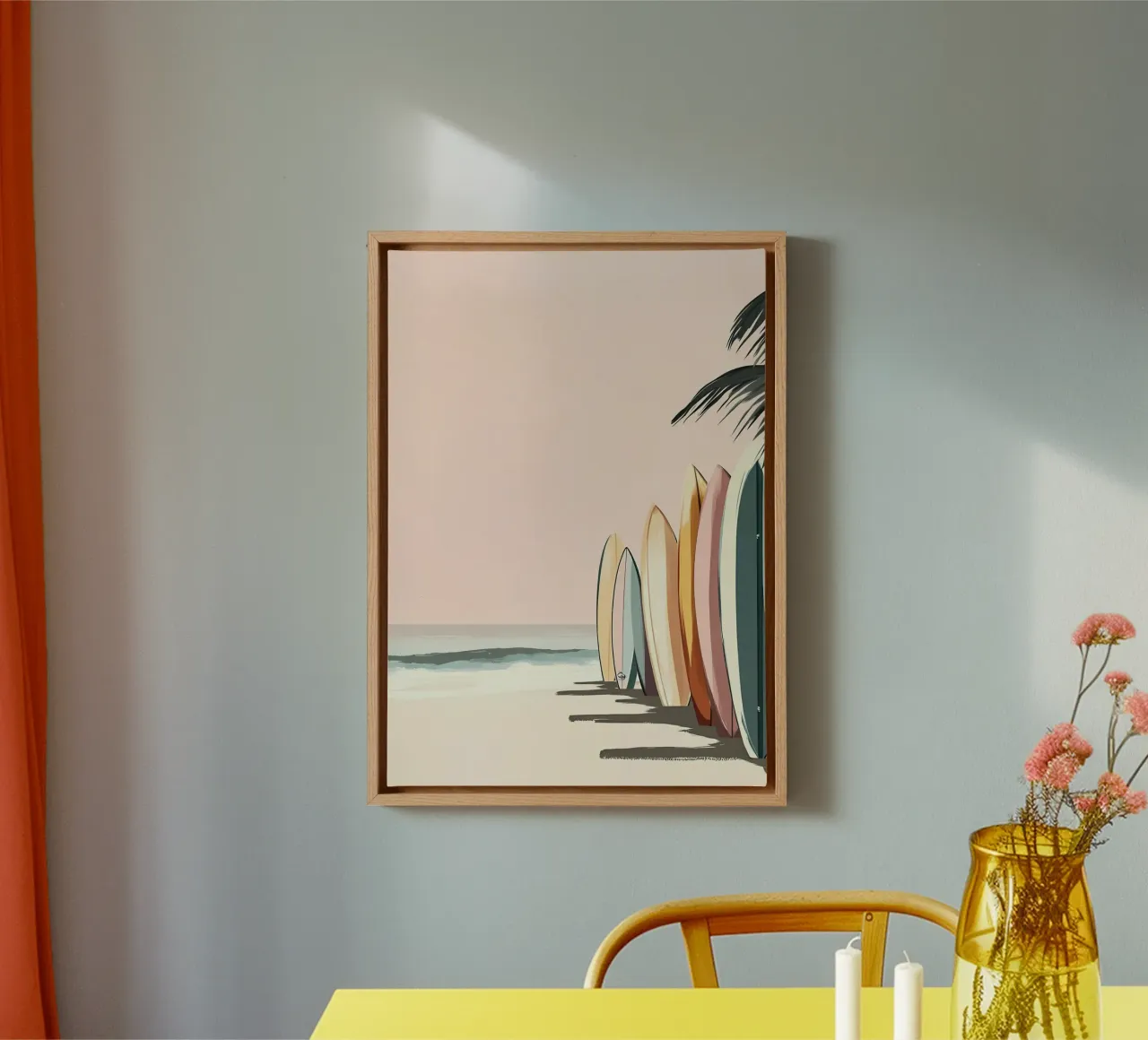 Tavole da surf sulla spiaggia, arte retrò del surf, decorazioni costiere tela con Cornice a cassetta da dawnthesea