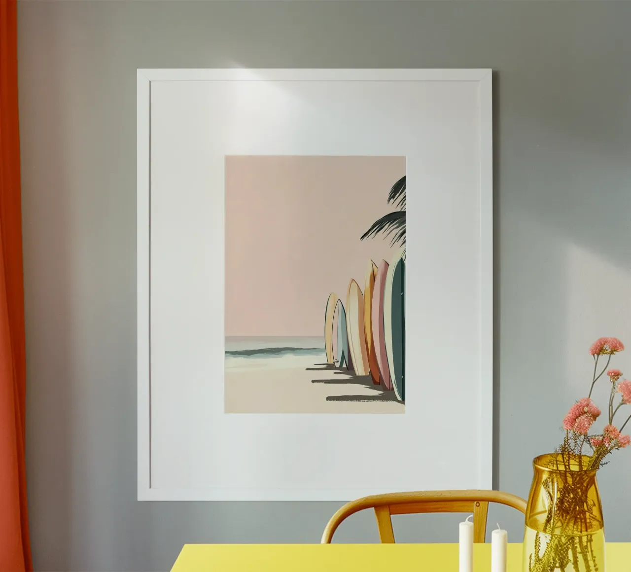 Tavole da surf sulla spiaggia, arte retrò del surf, decorazioni costiere poster da dawnthesea