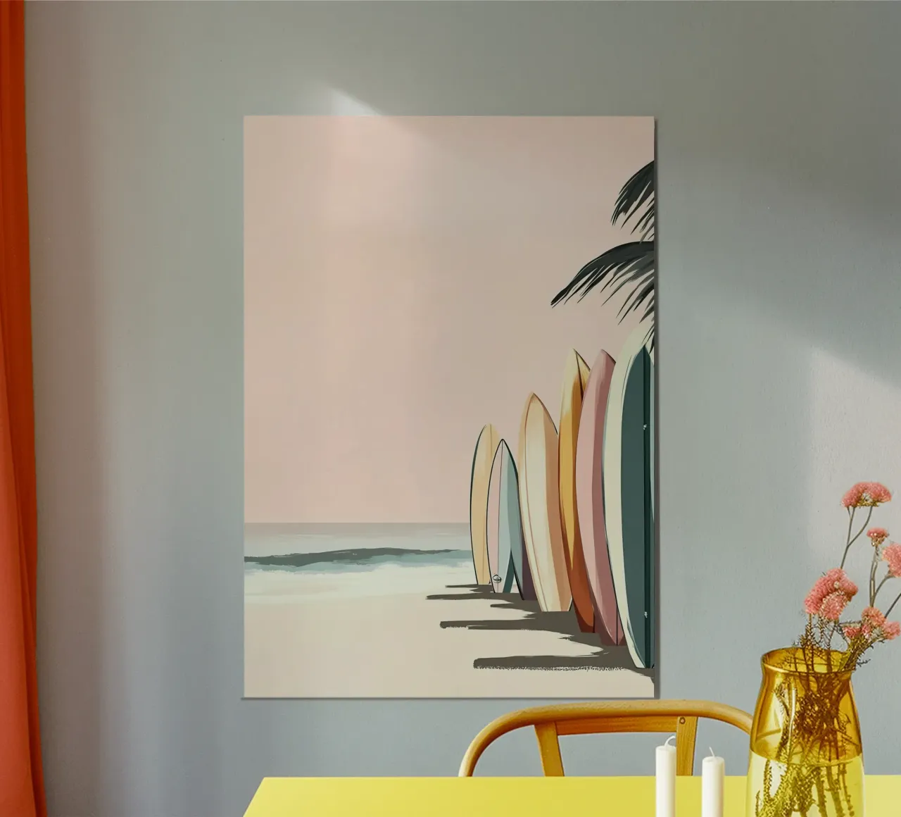 Tavole da surf sulla spiaggia, arte retrò del surf, decorazioni costiere poster da dawnthesea