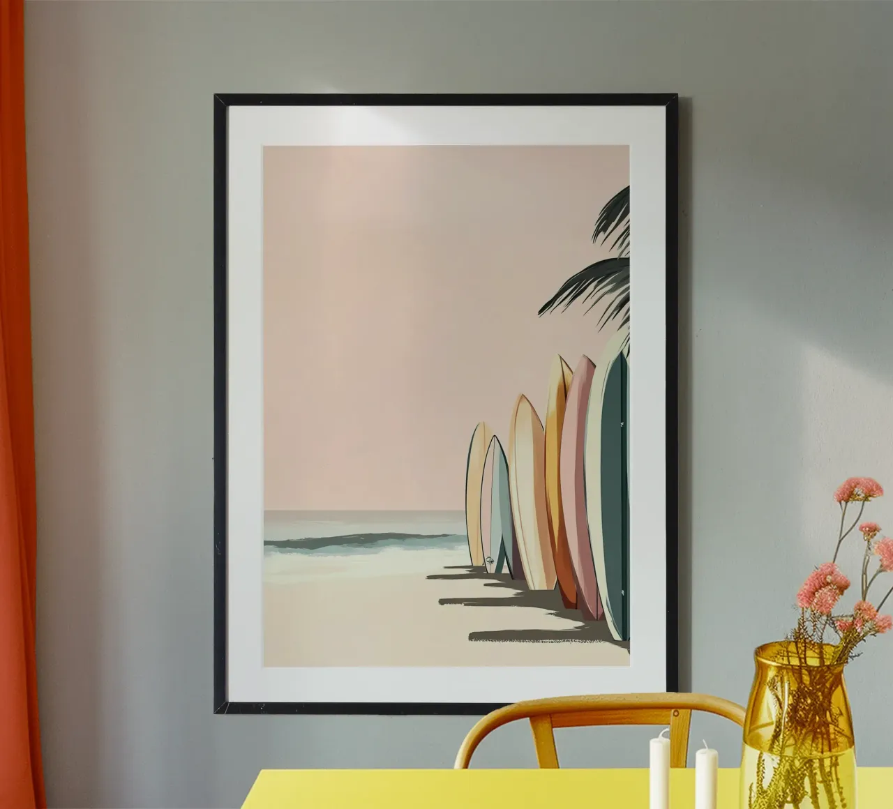 Tavole da surf sulla spiaggia, arte retrò del surf, decorazioni costiere poster da dawnthesea