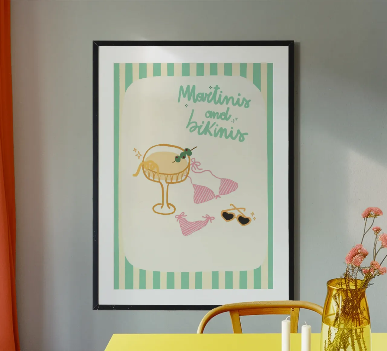 Martini e bikini, Cocktail art retrò, Summer Vibe poster con telaio in plastica da dawnthesea