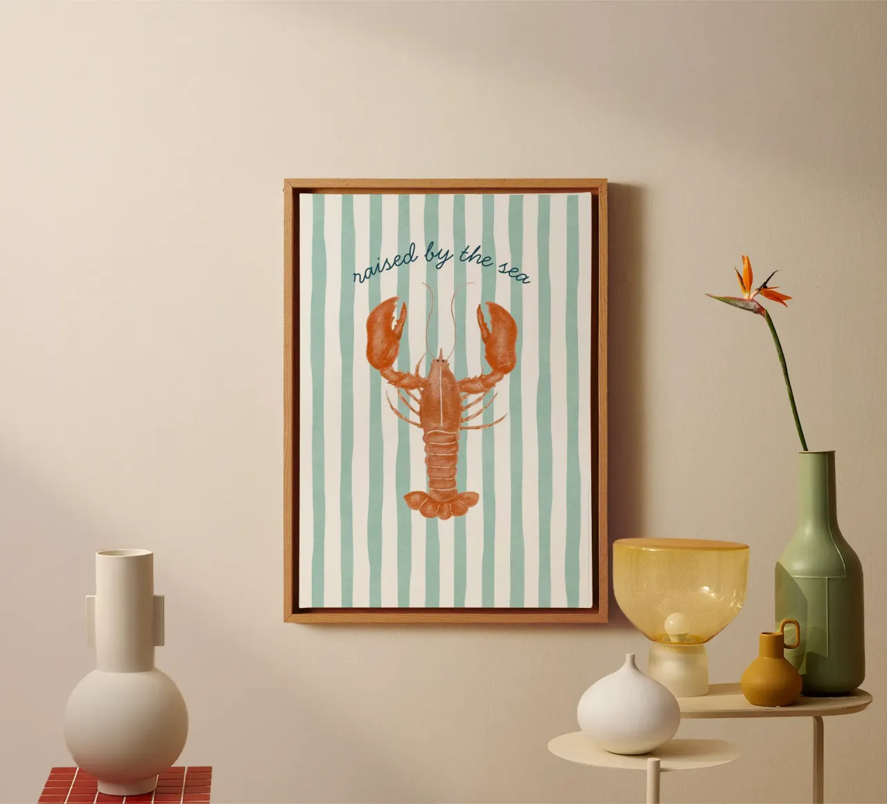 Opgegroeid door de zee, zeekreeftprint, kustkunst canvas met Baklijst van dawnthesea