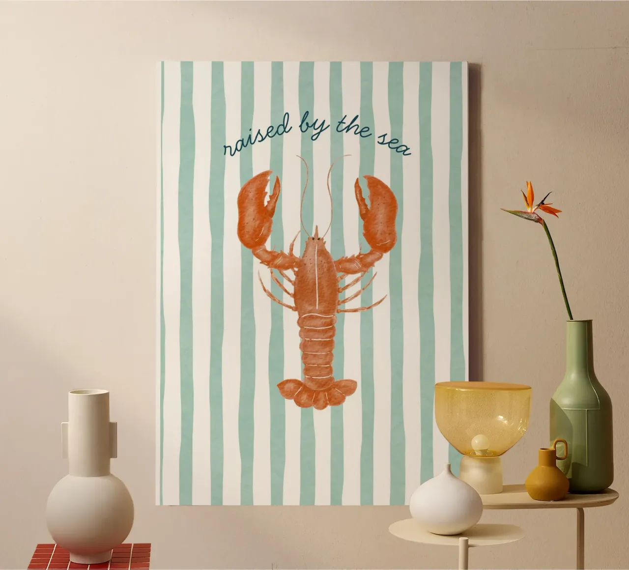 Opgegroeid door de zee, zeekreeftprint, kustkunst canvas met Baklijst van dawnthesea