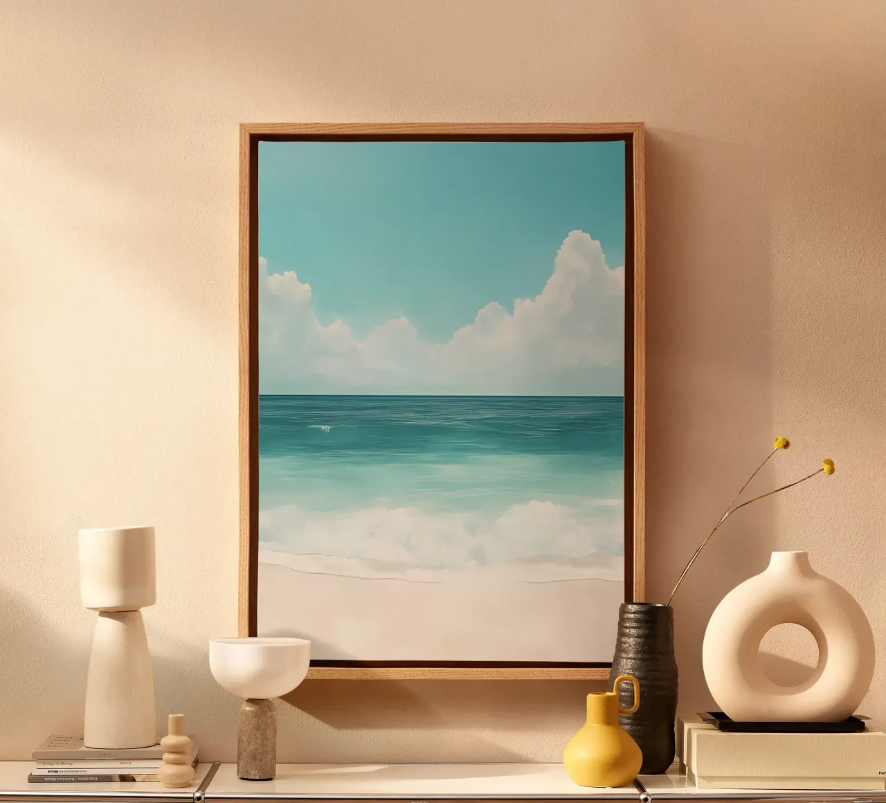 Eindeloos zeezicht, kust horizon, strand kunstdruk canvas met Baklijst van dawnthesea