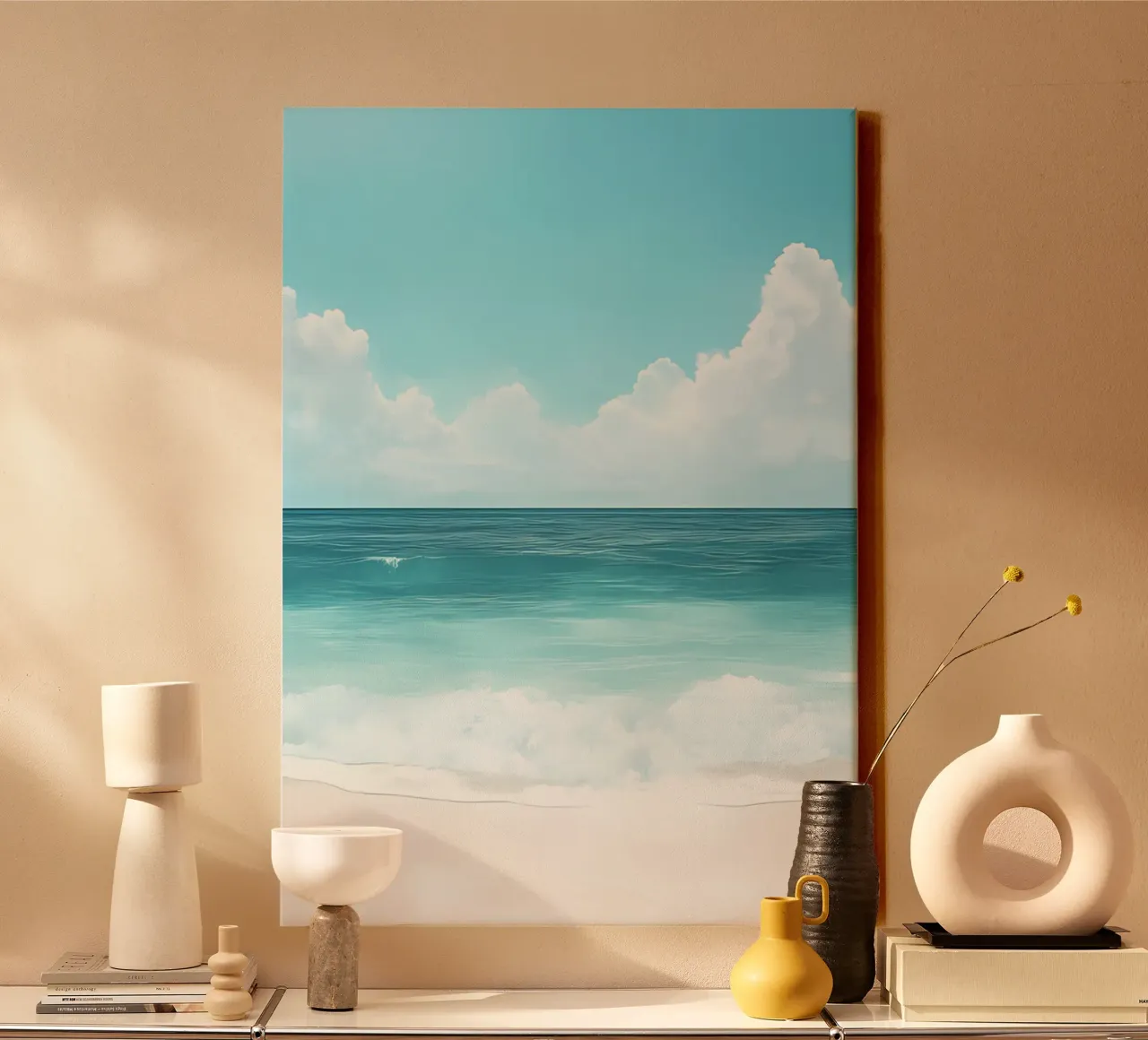 Eindeloos zeezicht, kust horizon, strand kunstdruk canvas met Baklijst van dawnthesea