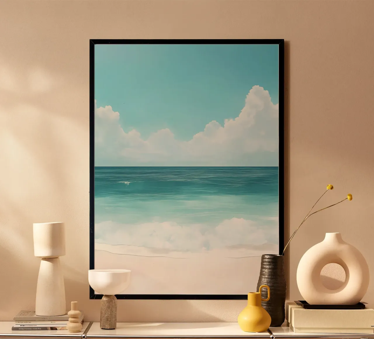 Vue sur l'océan sans fin, horizon côtier, impression d'art sur la plage poster de dawnthesea