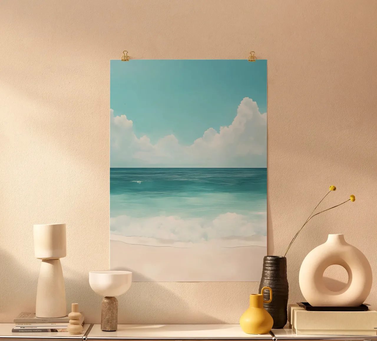 Vue sur l'océan sans fin, horizon côtier, impression d'art sur la plage poster de dawnthesea