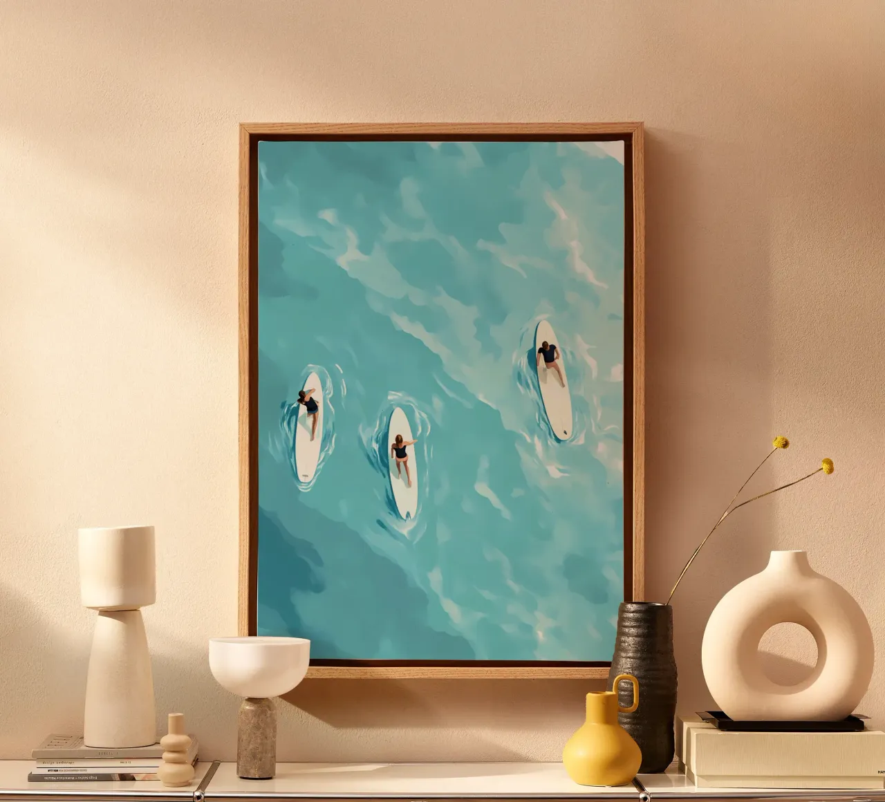 Surfers on the Water, Aerial View, Surf Art Print canvas with Floater frame by dawnthesea