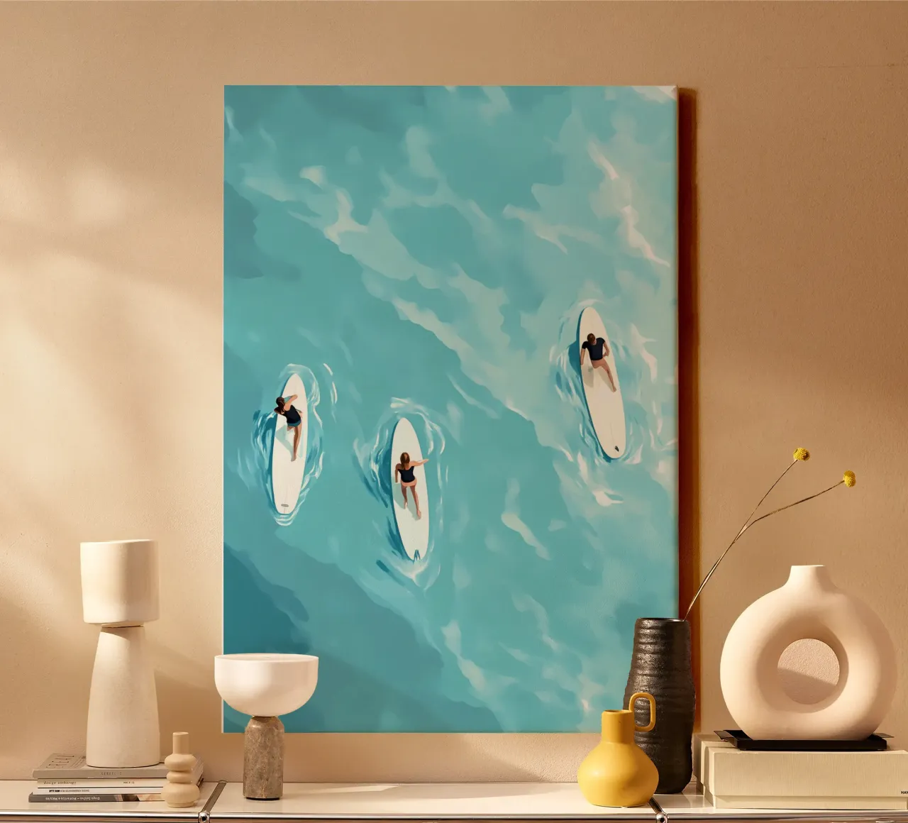 Surfers on the Water, Aerial View, Surf Art Print canvas with Floater frame by dawnthesea
