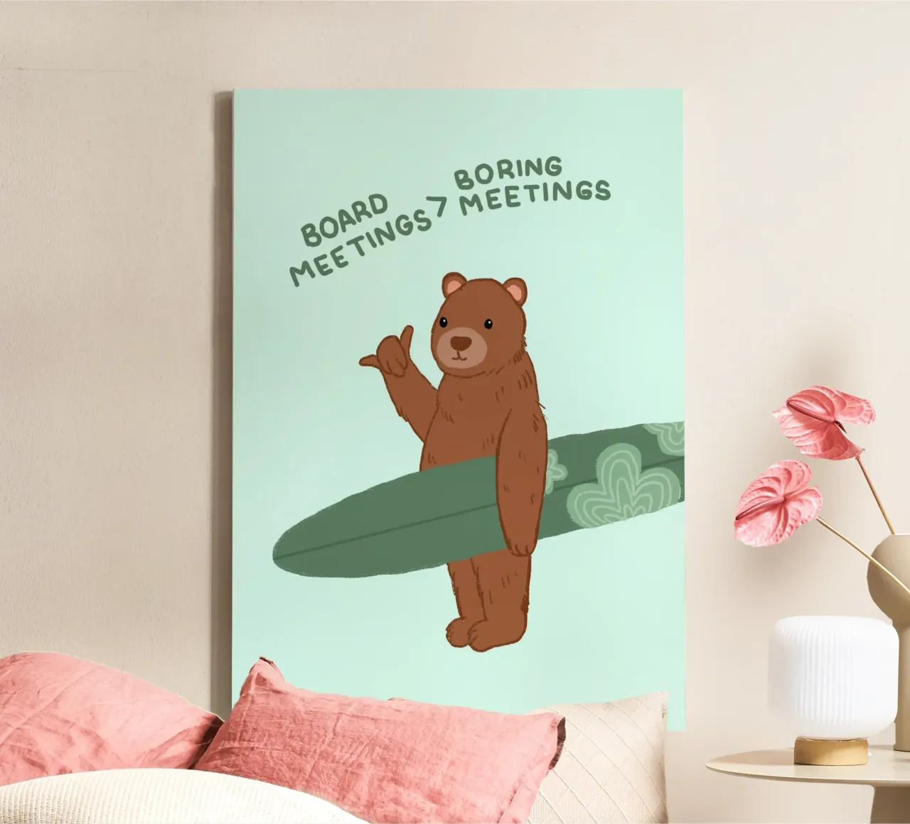 Surf Bear Poster, Grappig Kantoordecor, Retro Vibes canvas met Baklijst van dawnthesea