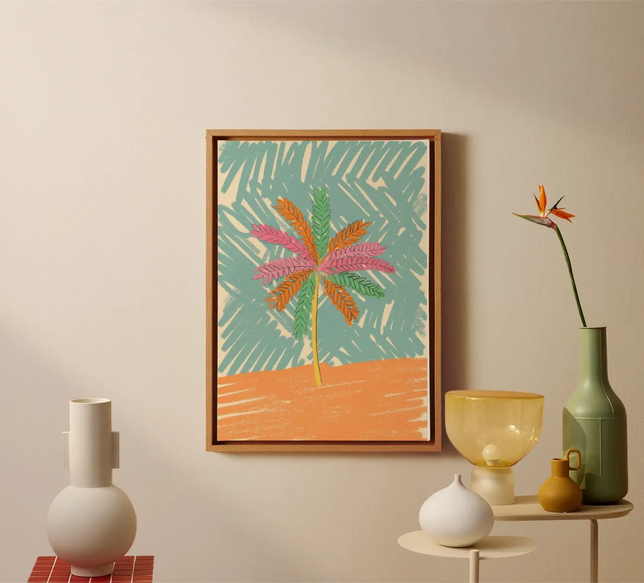 Abstract Palm Tree Poster, Retro Tropical Art canvas with Floater frame by dawnthesea