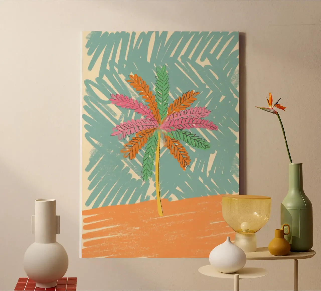Abstract Palm Tree Poster, Retro Tropical Art canvas with Floater frame by dawnthesea