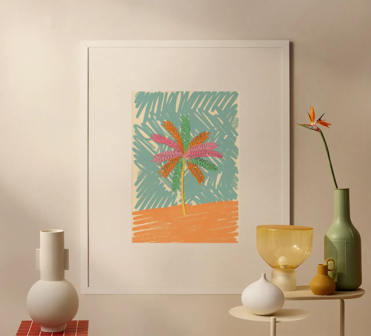 Poster astratto con palme, arte tropicale retrò poster con telaio in legno da dawnthesea