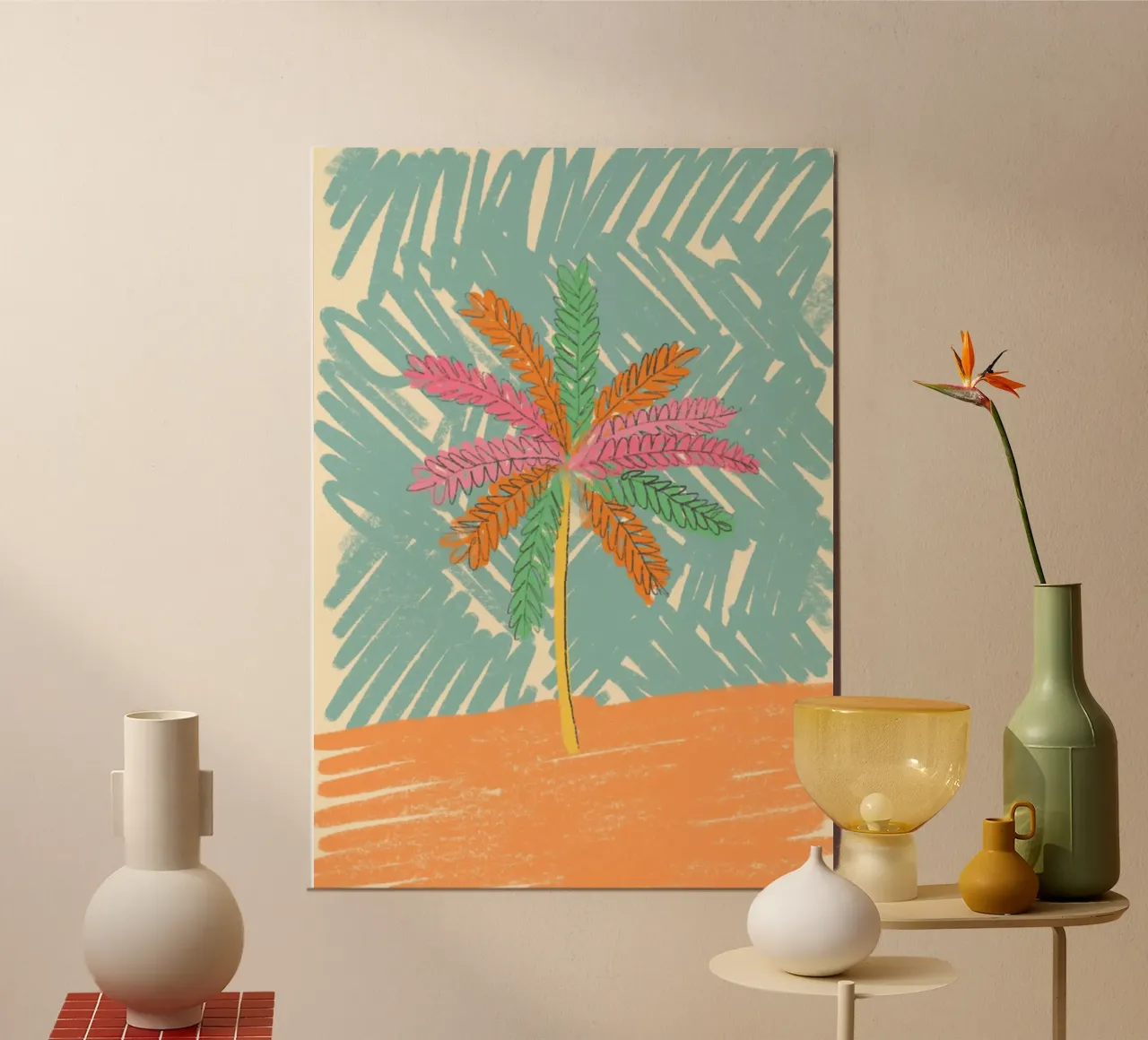 Poster astratto con palme, arte tropicale retrò poster con telaio in legno da dawnthesea