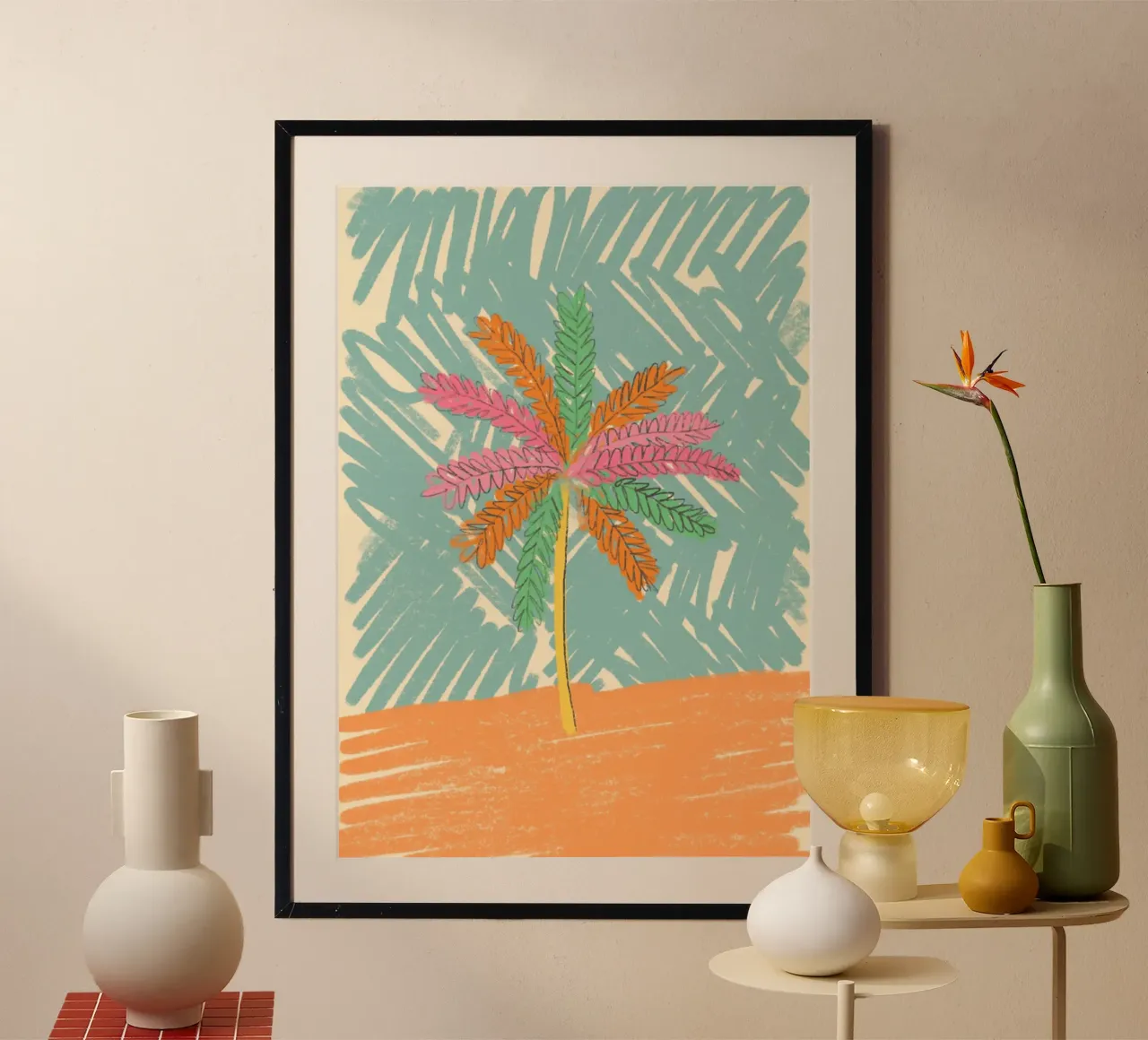 Poster astratto con palme, arte tropicale retrò poster con telaio in legno da dawnthesea