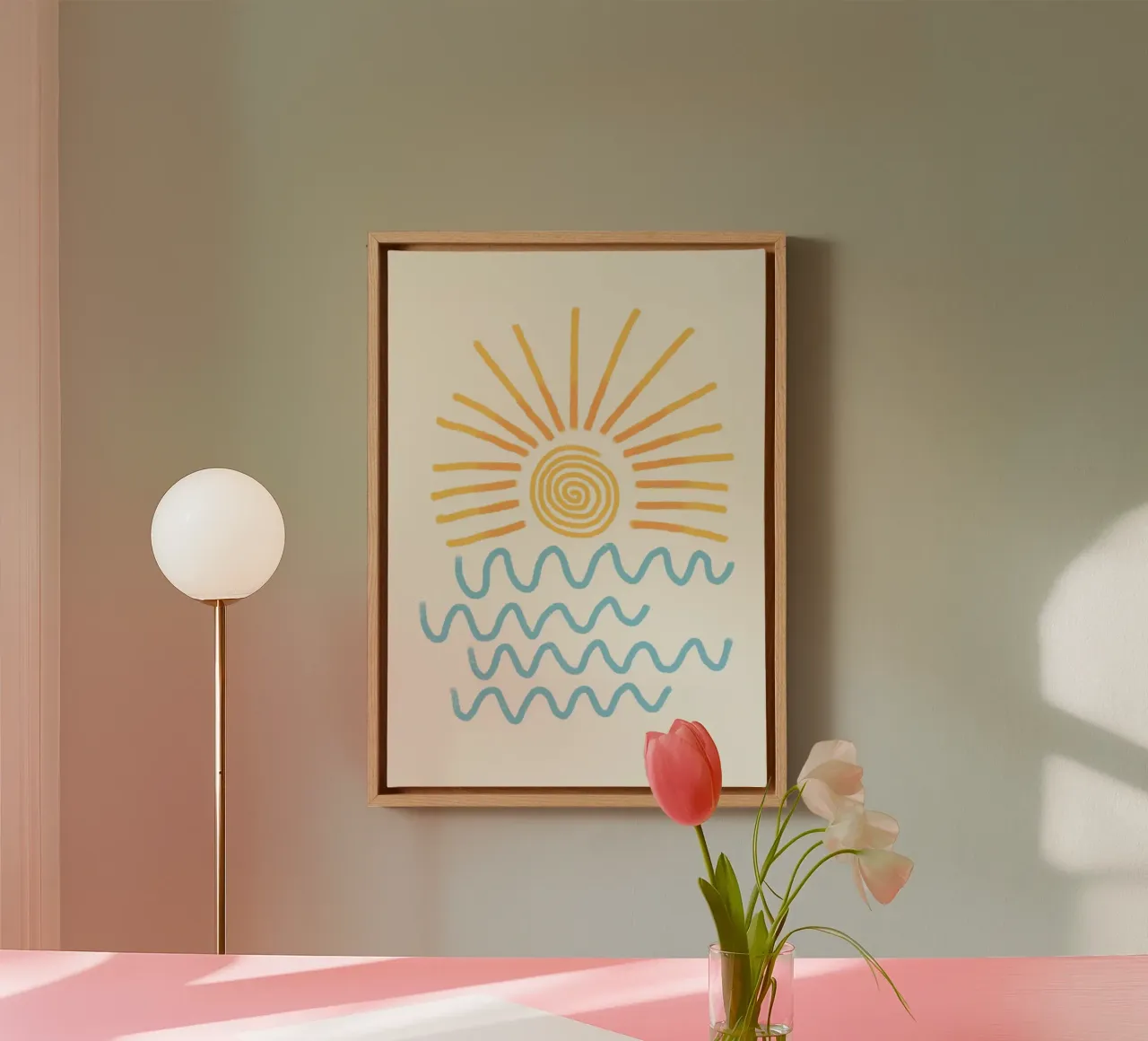 Abstracte zon en zee, minimalistische kustkunst, Retro canvas met Baklijst van dawnthesea