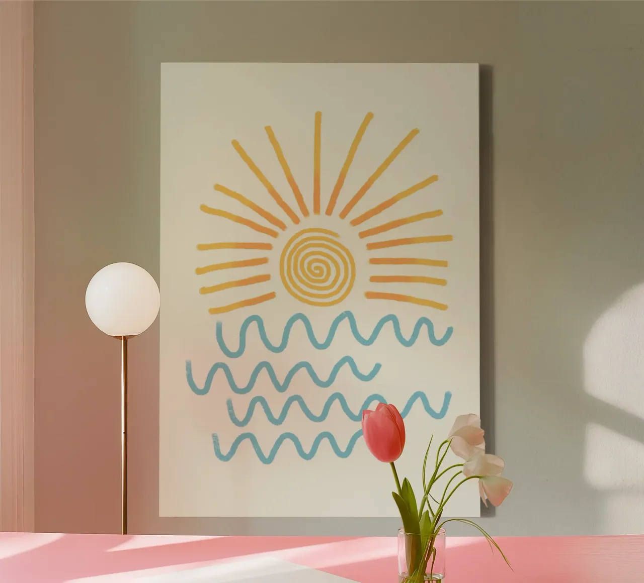 Abstracte zon en zee, minimalistische kustkunst, Retro canvas met Baklijst van dawnthesea