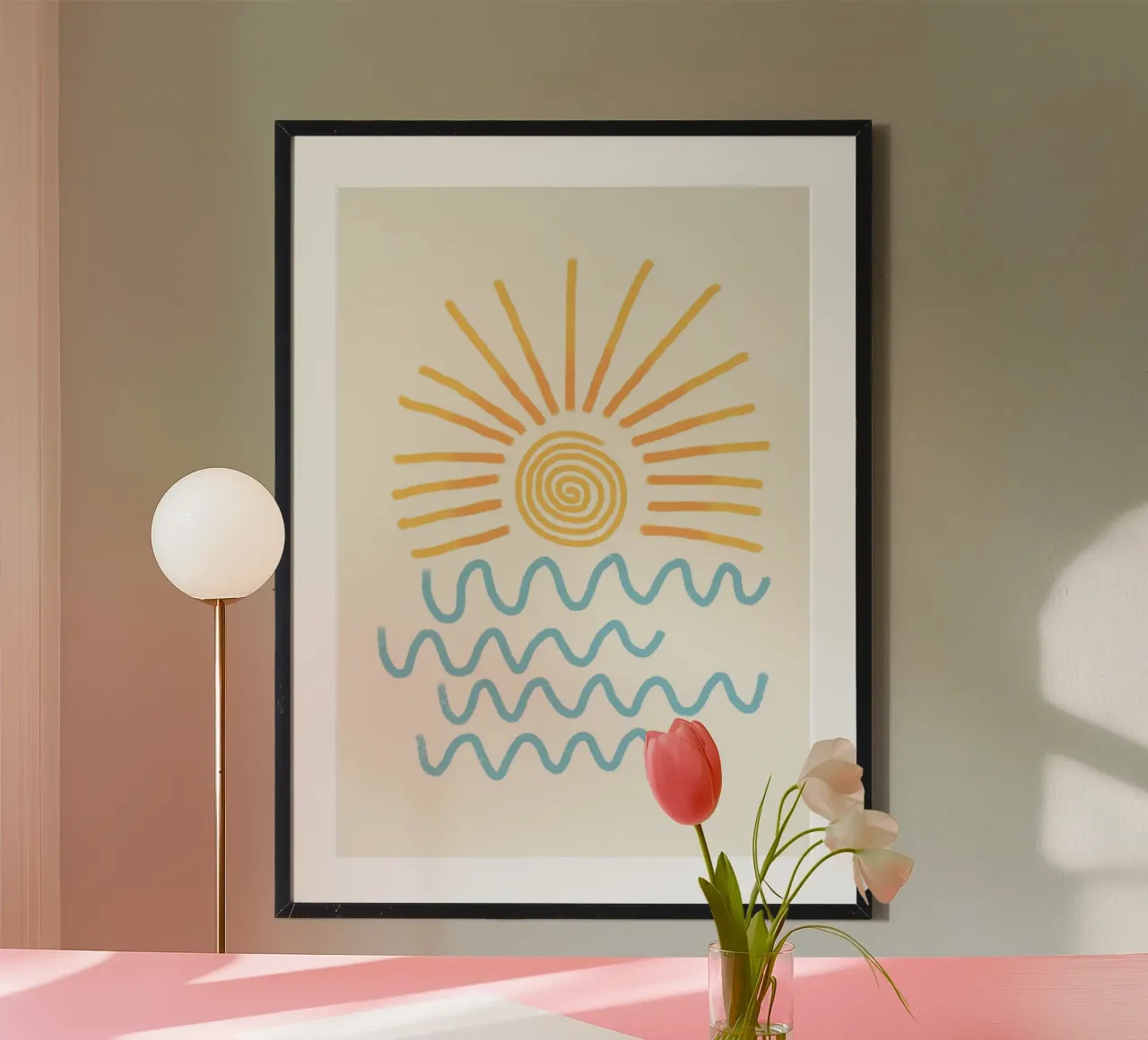 Abstracte zon en zee, minimalistische kustkunst, Retro poster van dawnthesea