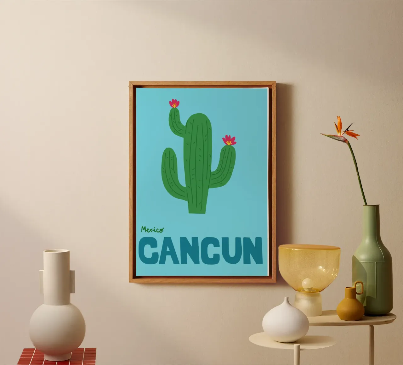 Cancun Mexico Poster, Retro Cactus Kunst, Reizen canvas met Baklijst van dawnthesea