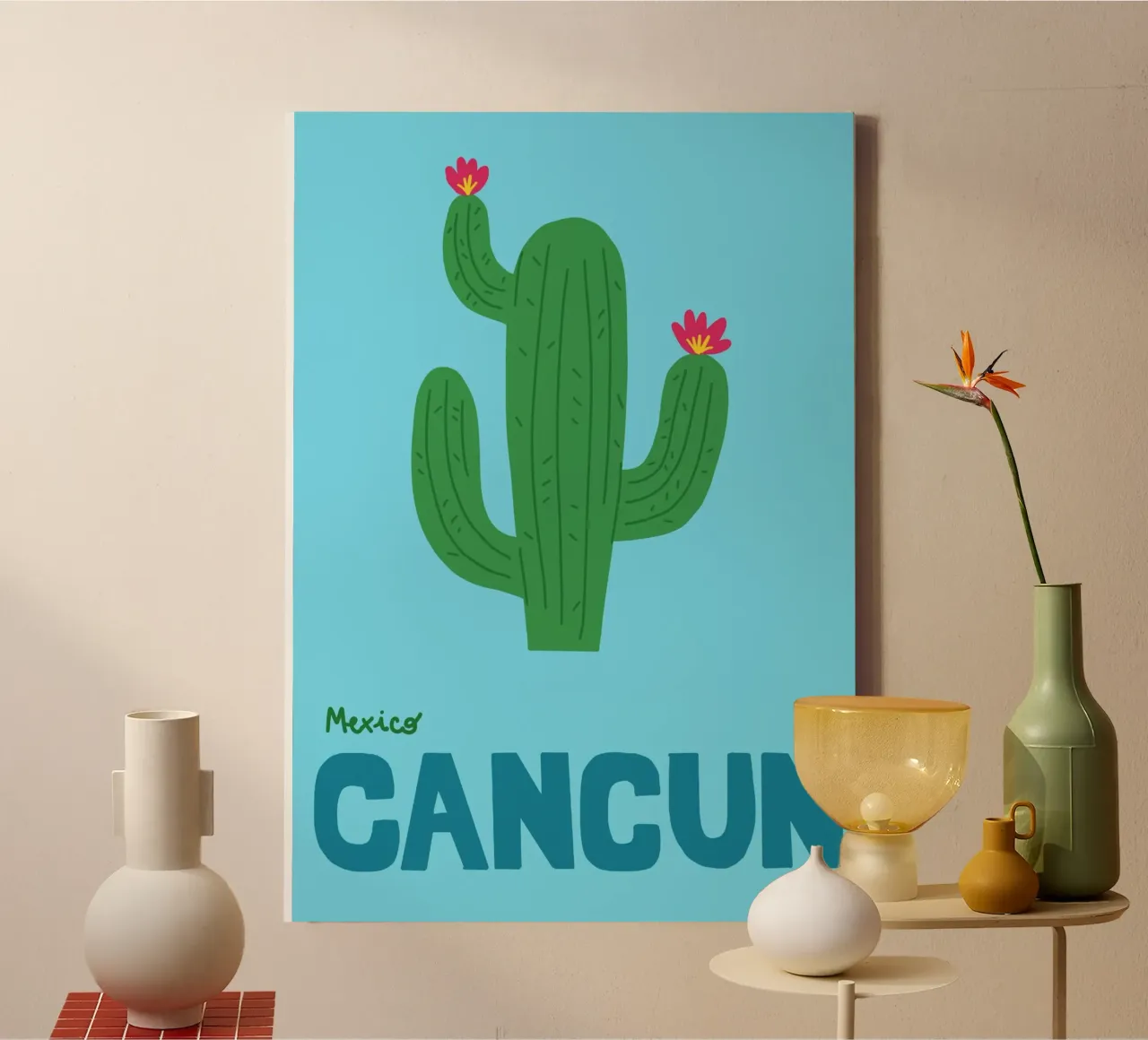 Cancun Mexico Poster, Retro Cactus Kunst, Reizen canvas met Baklijst van dawnthesea