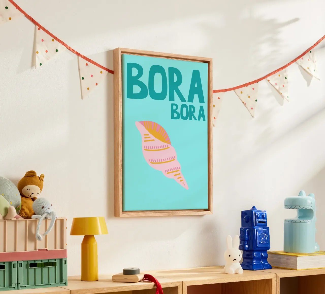 Bora Bora Poster, Retro Zeeschelp, Reiskunst canvas met Baklijst van dawnthesea