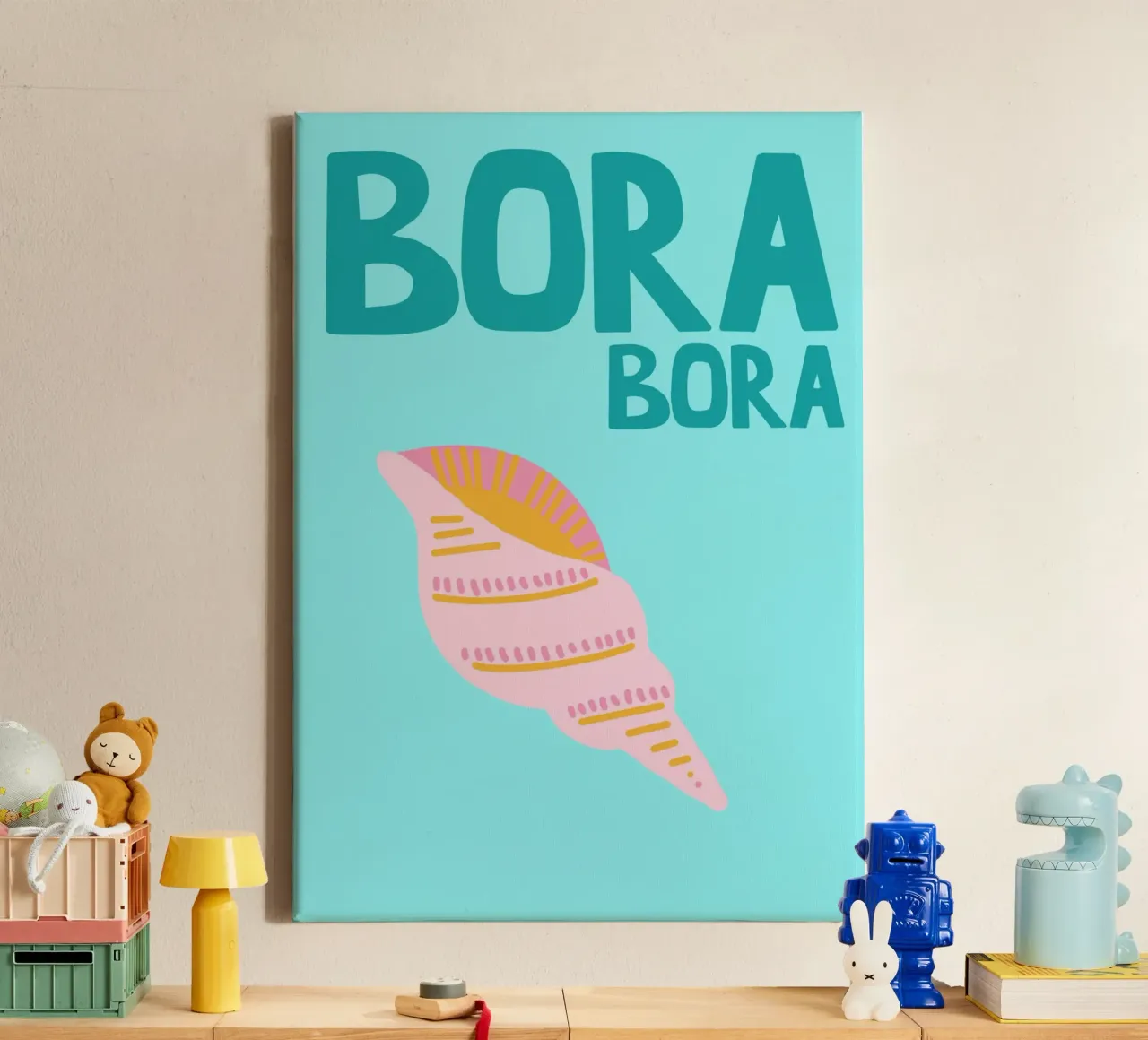 Bora Bora Poster, Retro Zeeschelp, Reiskunst canvas met Baklijst van dawnthesea