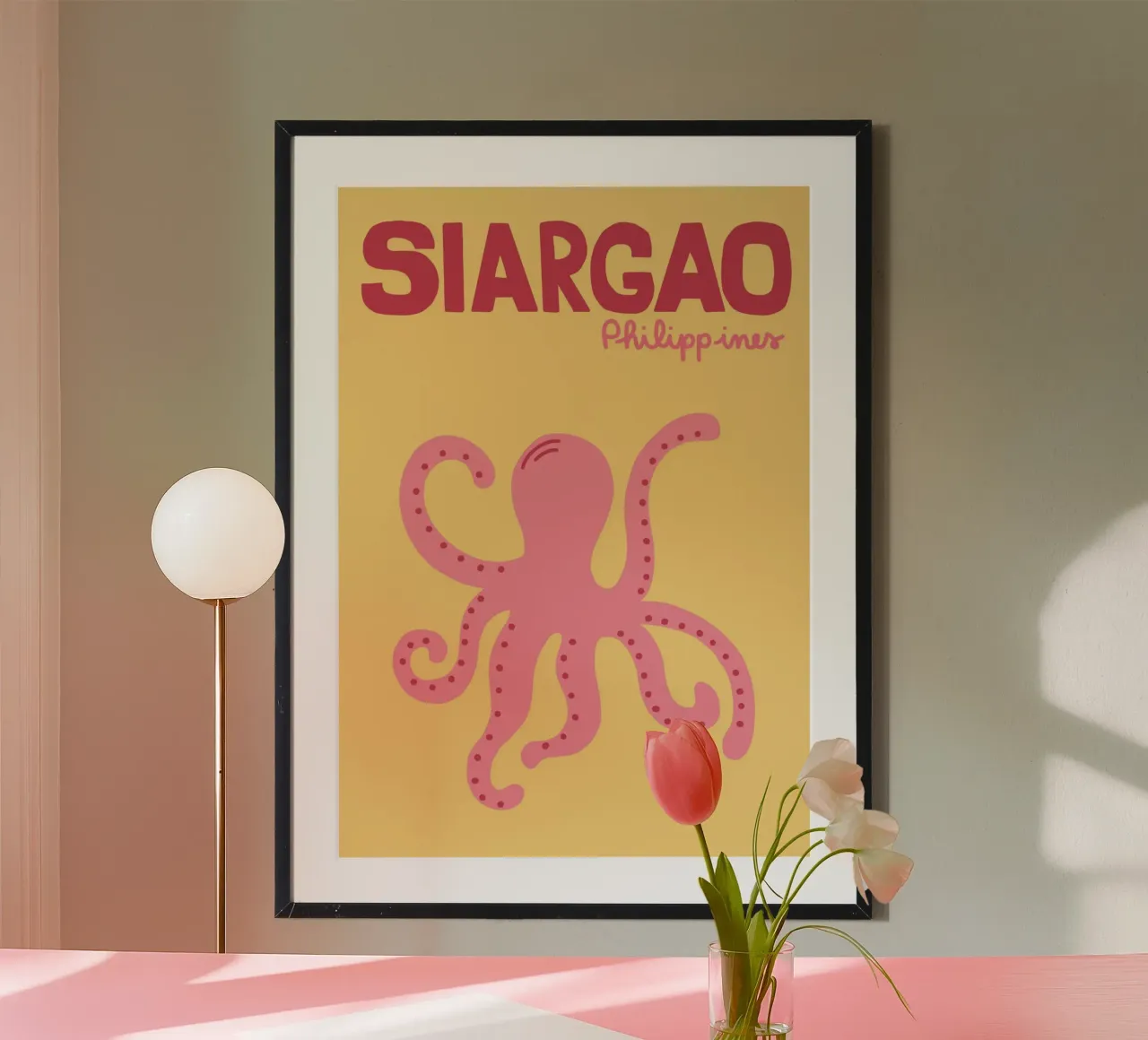 Siargao Filippine, Polpo retrò, Arte di viaggio poster con telaio in alluminio da dawnthesea