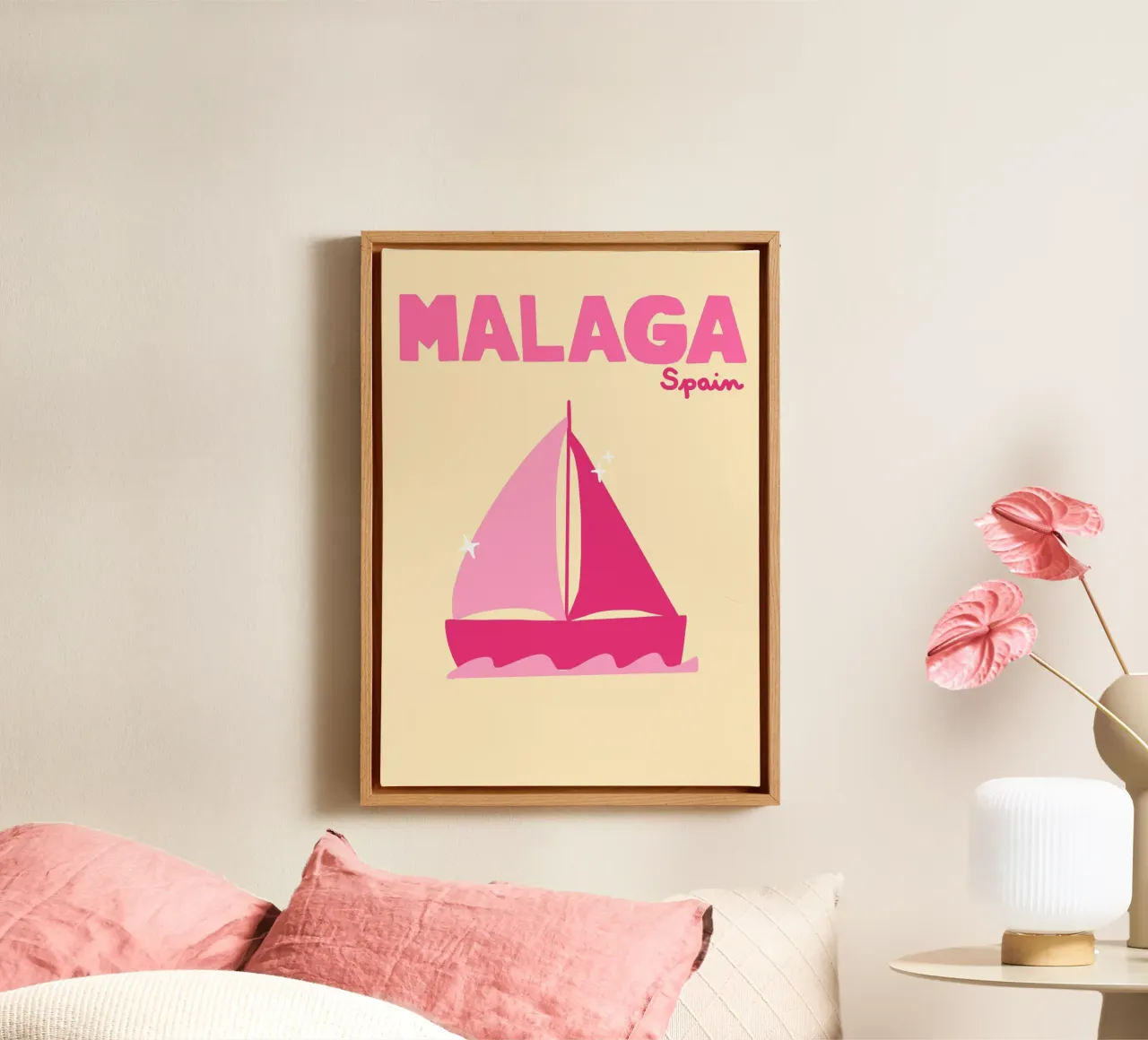 Malaga Spanje Poster, Retro Zeilboot, Reiskunst canvas met Baklijst van dawnthesea