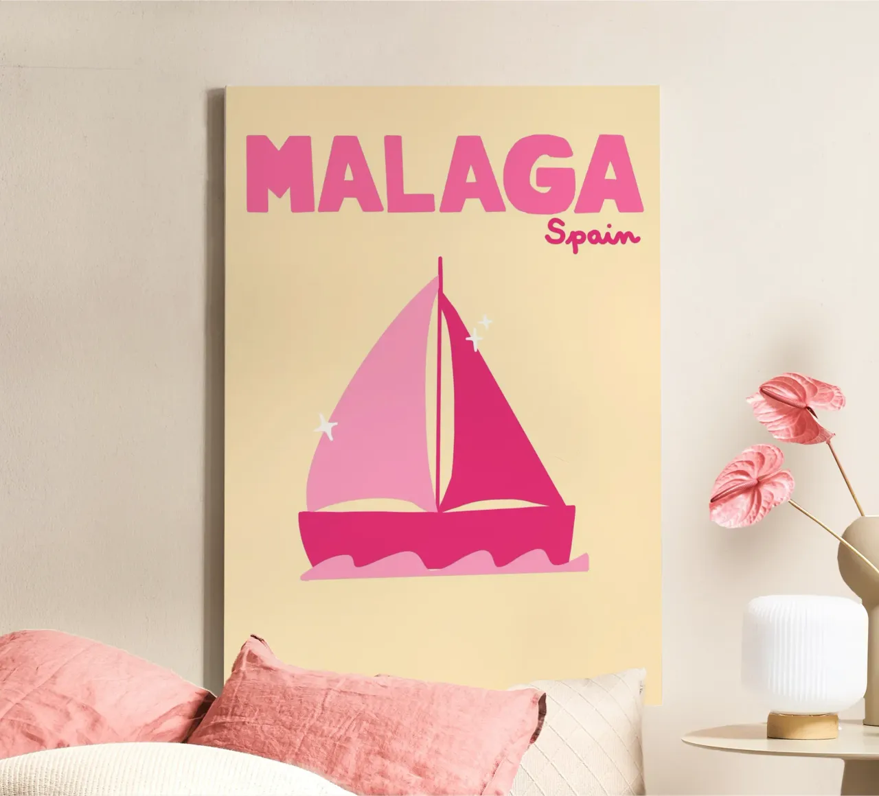 Malaga Spanje Poster, Retro Zeilboot, Reiskunst canvas met Baklijst van dawnthesea