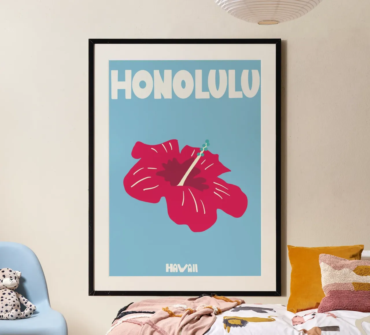 Poster con fiori di ibisco di Honolulu Hawaii, arte tropicale poster con telaio in alluminio da dawnthesea