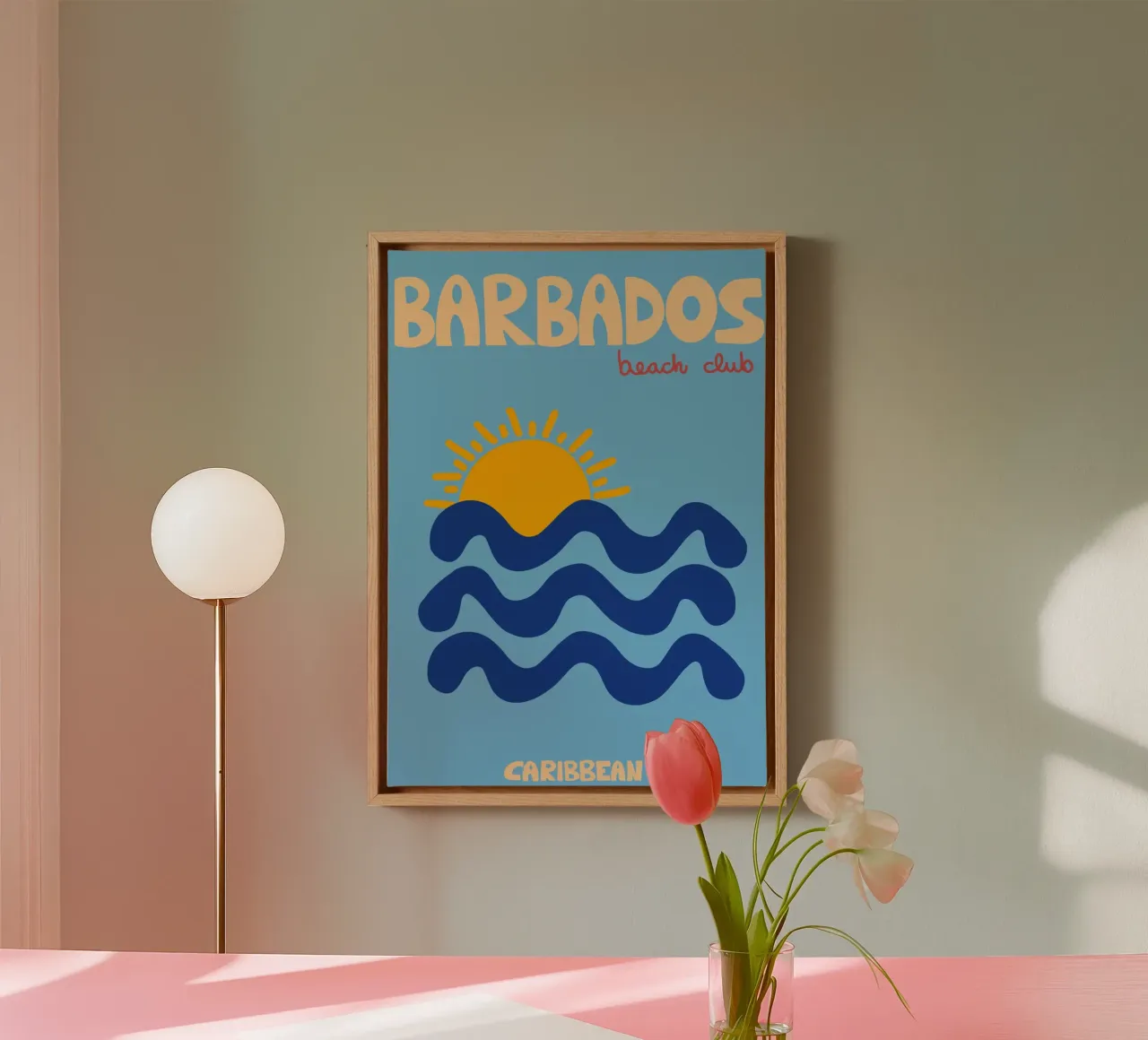 Poster Barbados Beach Club, onde e sole retrò tela con Cornice a cassetta da dawnthesea