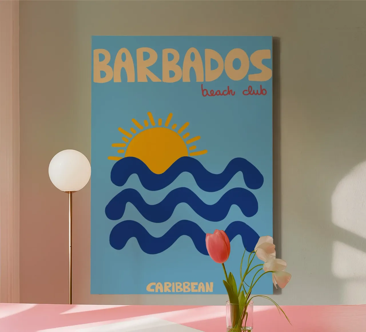 Poster Barbados Beach Club, onde e sole retrò tela con Cornice a cassetta da dawnthesea