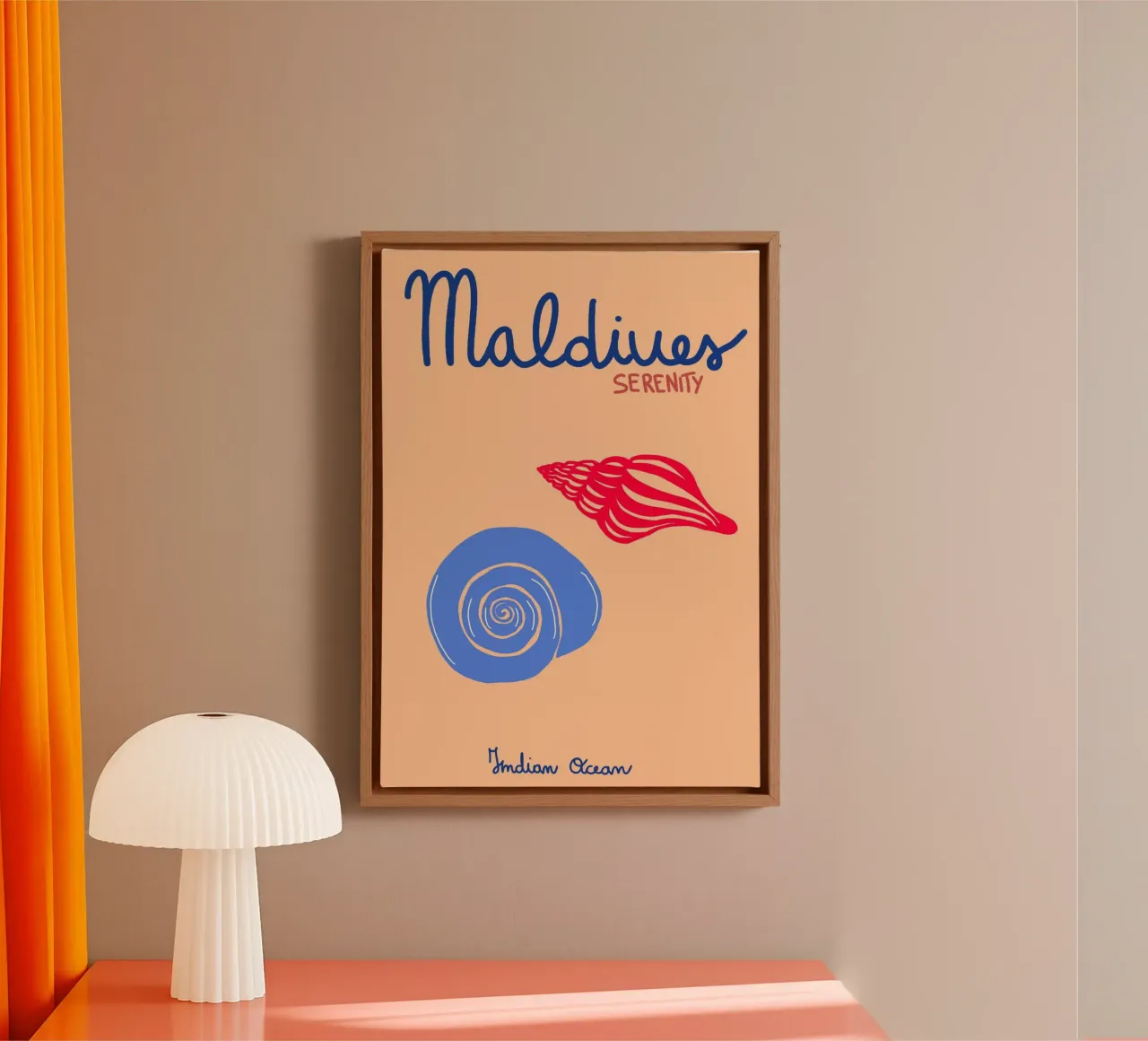Malediven Sereniteit Poster, Zeeschelp Tropische Kunst canvas met Baklijst van dawnthesea