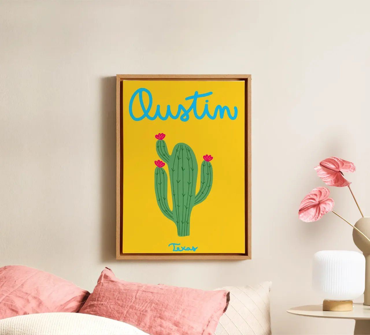 Austin Texas Cactus Poster, Boho Zuidwest Kunst canvas met Baklijst van dawnthesea