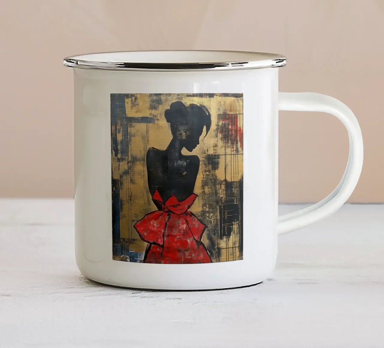 Ragazza d'oro con abito rosso tazza in smalto da Motivate-Today
