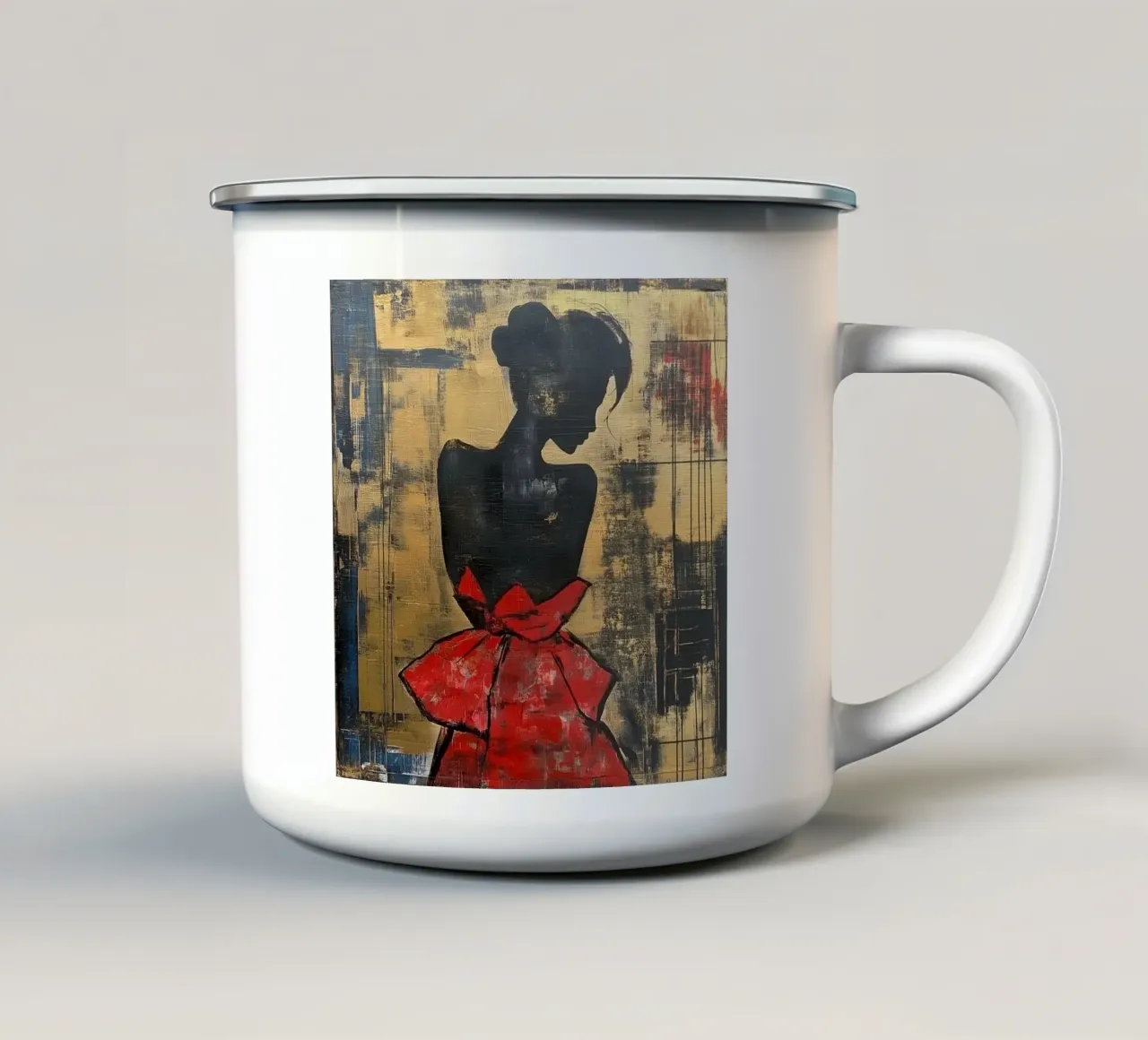 Ragazza d'oro con abito rosso tazza in smalto da Motivate-Today