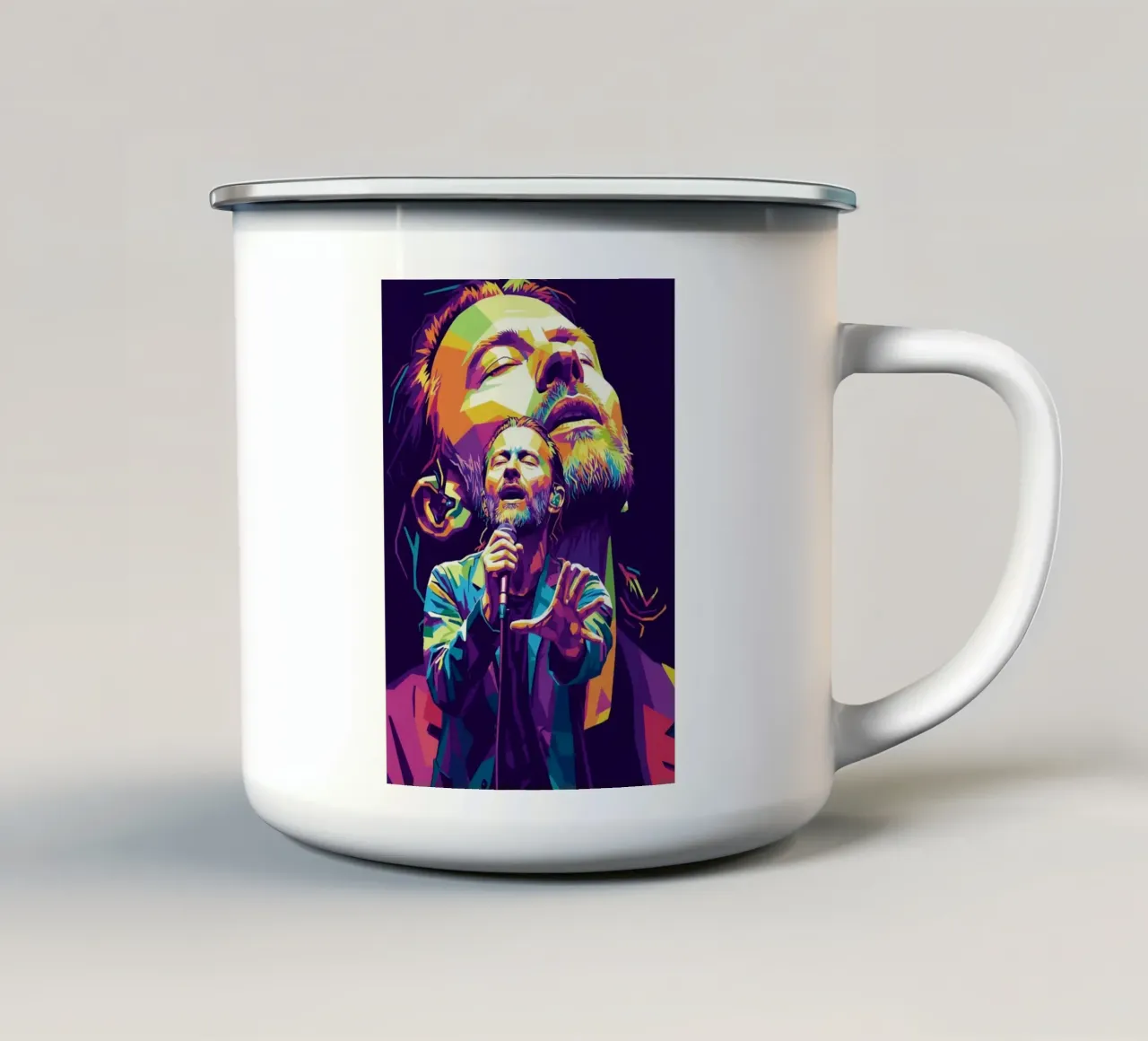 Performance di Thom Yorke sul palco tazza in smalto da Hantamrata