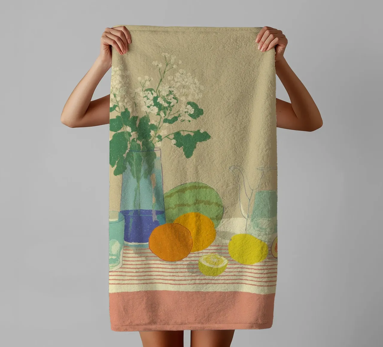 Citrus table with melon towel by Carinaprint