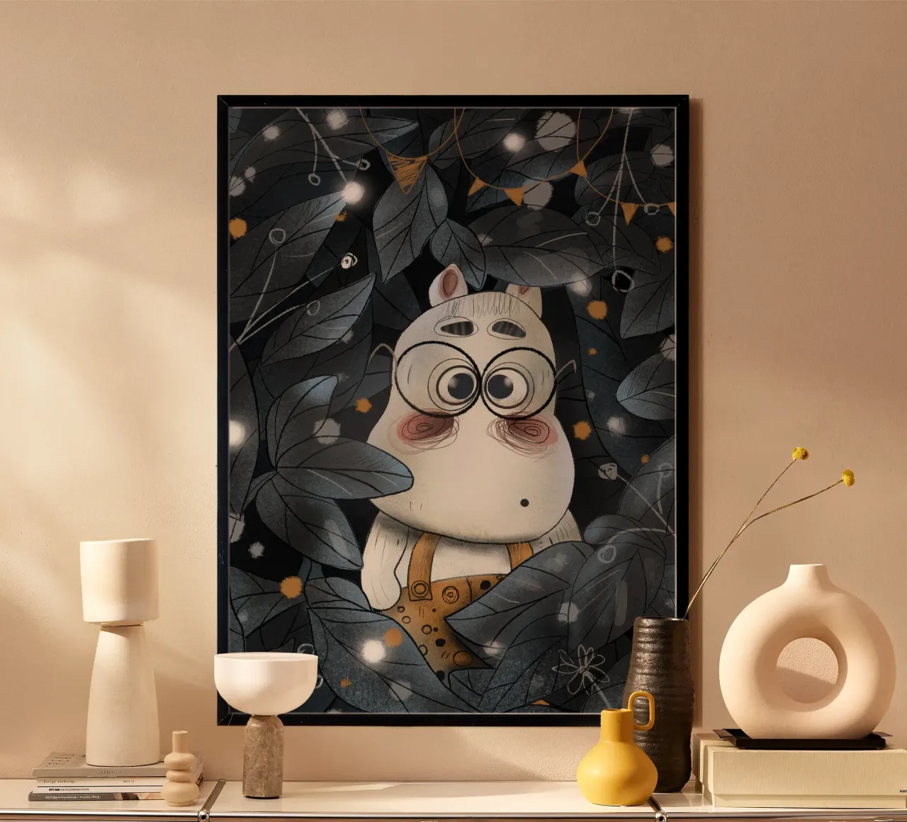 Nelli Suneli - Hippo in the Jungle poster con telaio in legno da muench benjamin