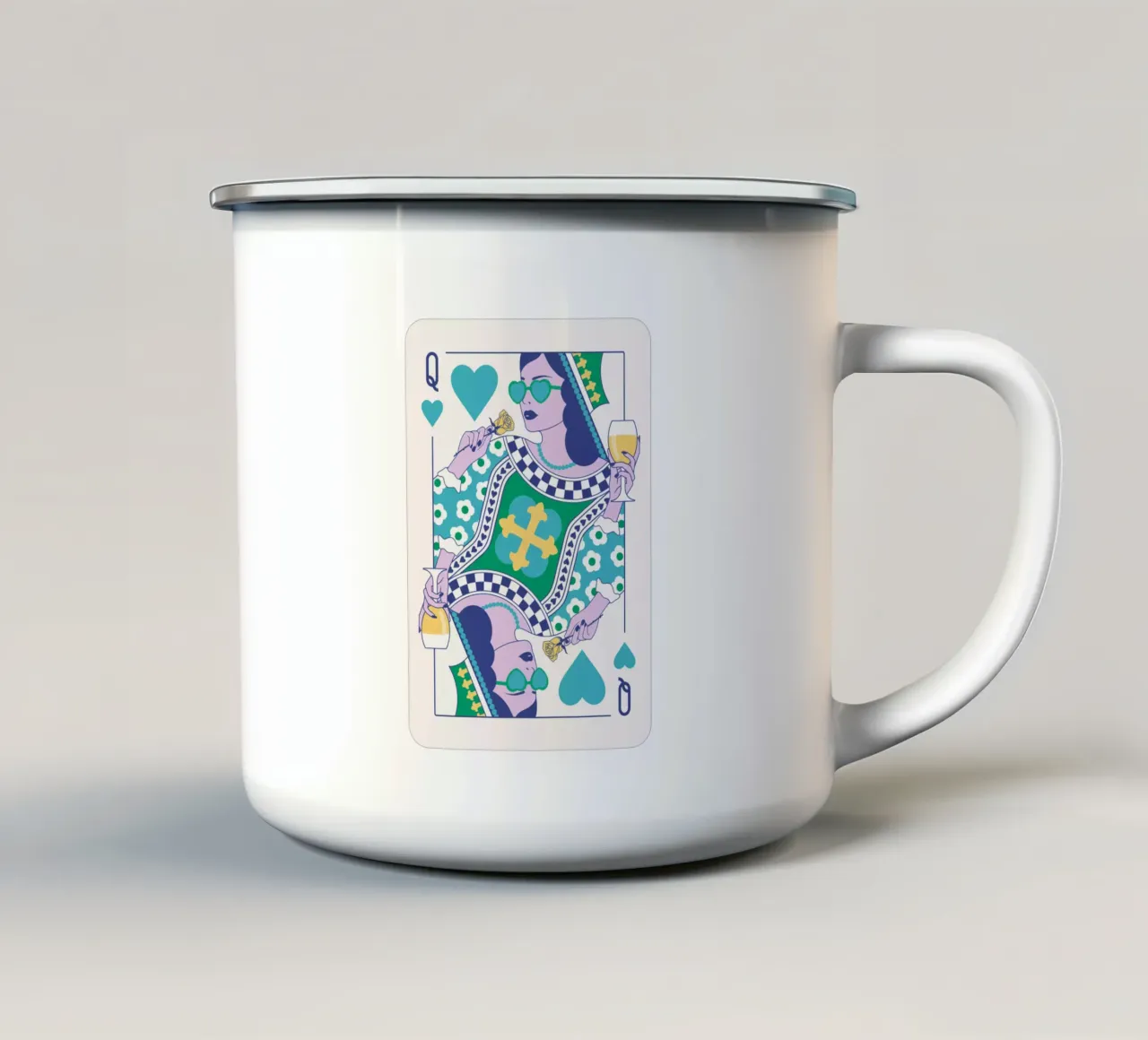 Reine de cœur - Vert, bleu, jaune, mug en émail de Asha Designs