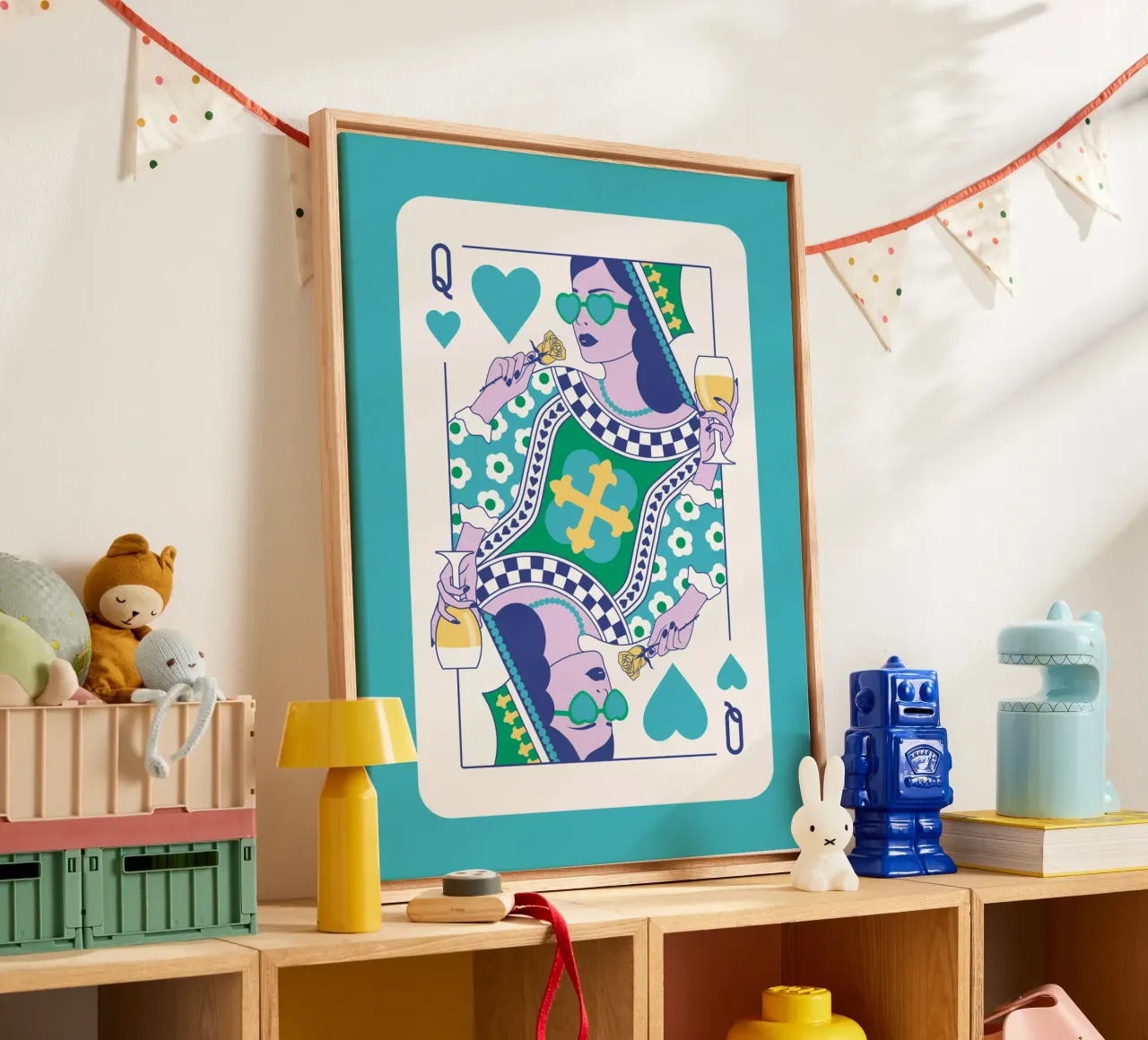 Reine de cœur - Vert, bleu, jaune, toile de Asha Designs