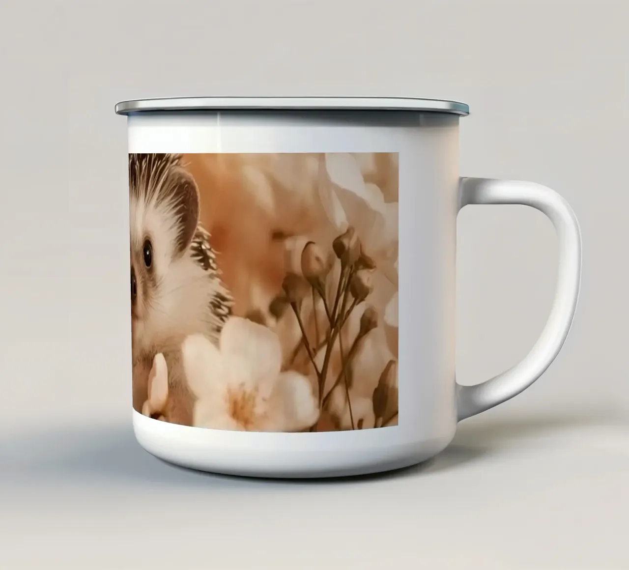 Riccio tra fiori di pesco chiaro tazza in smalto da DesignDoodle