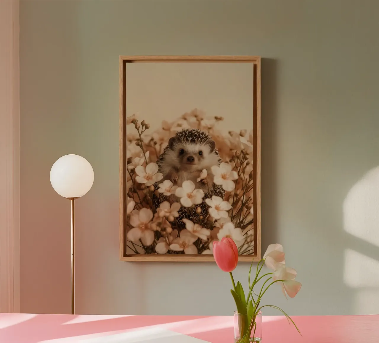 Riccio tra fiori di pesco chiaro tela con Cornice a cassetta da DesignDoodle