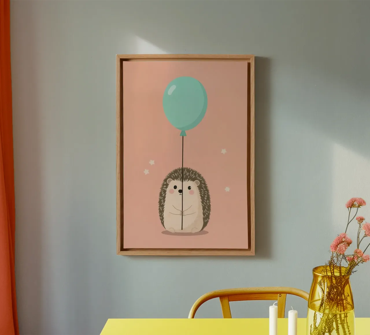 Hedgehog Holding Teal Balloon on Peach Background canvas with Floater frame by DesignDoodle