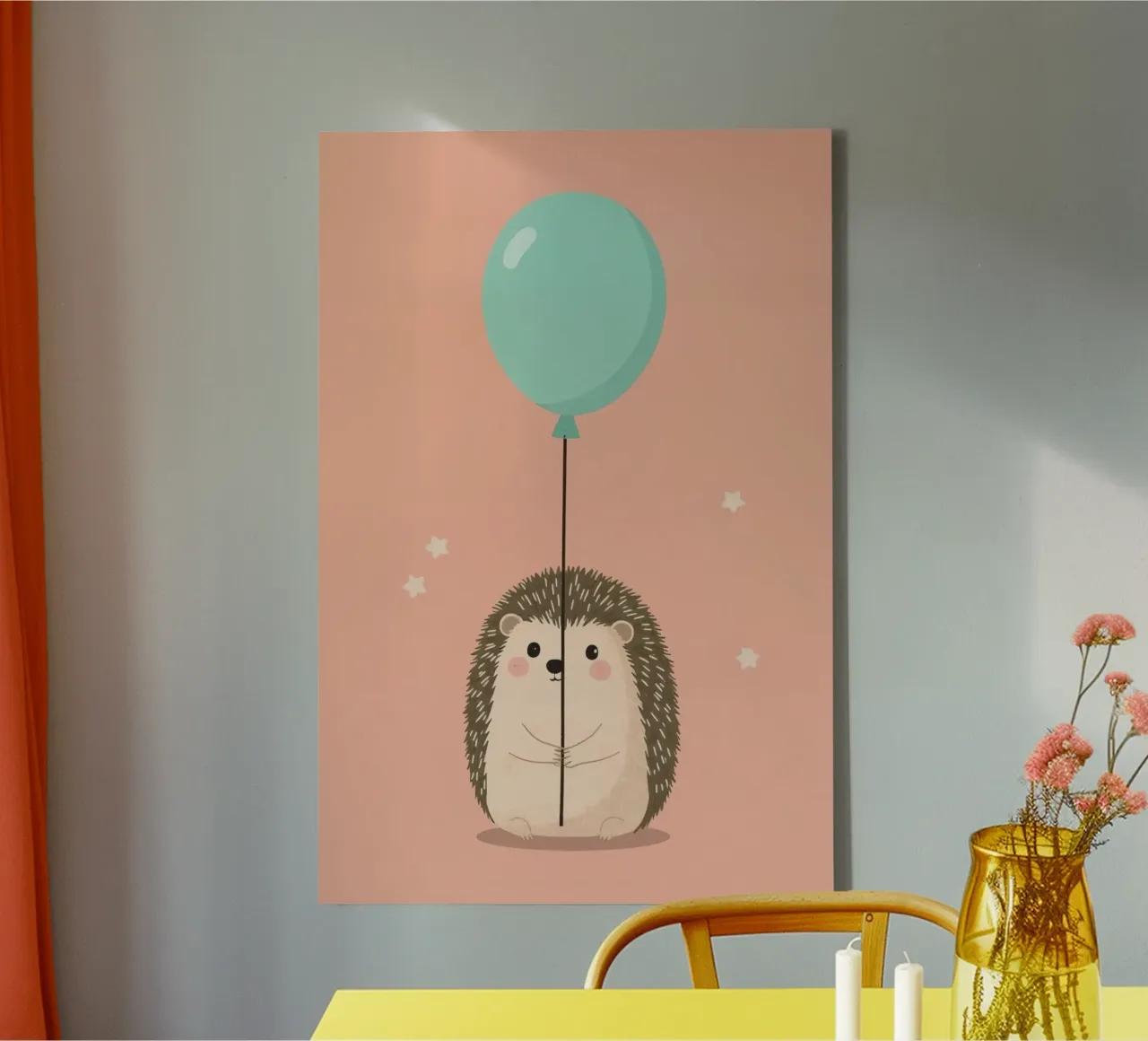 Hedgehog Holding Teal Balloon on Peach Background canvas with Floater frame by DesignDoodle
