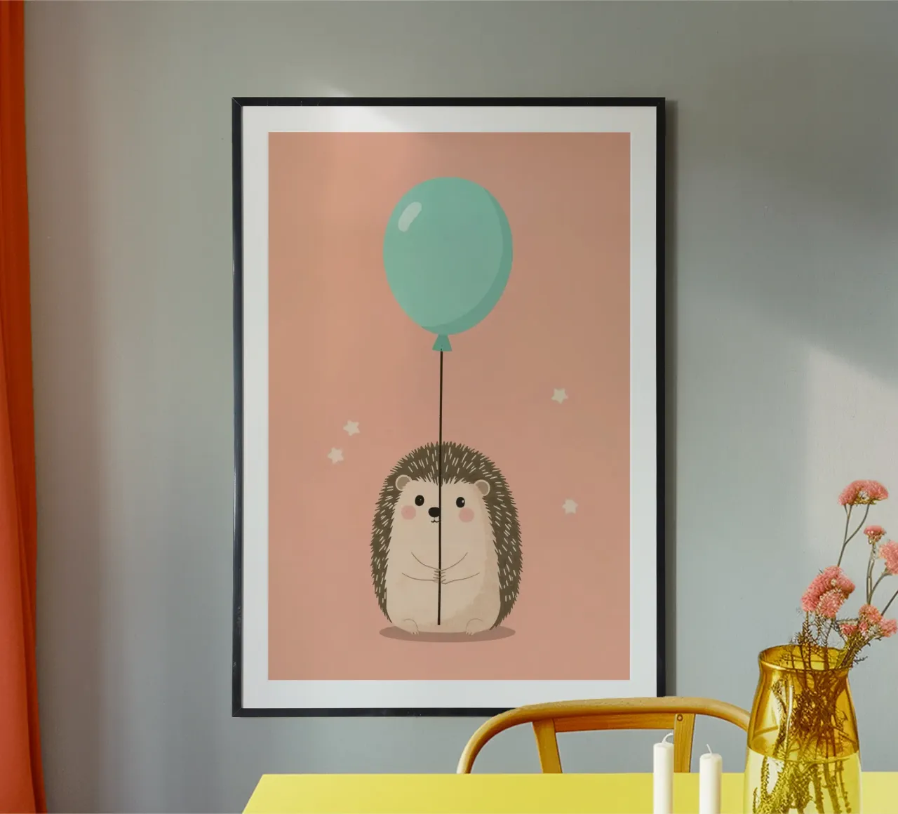 Riccio che tiene in mano un palloncino verde acqua su sfondo color pesca poster da DesignDoodle