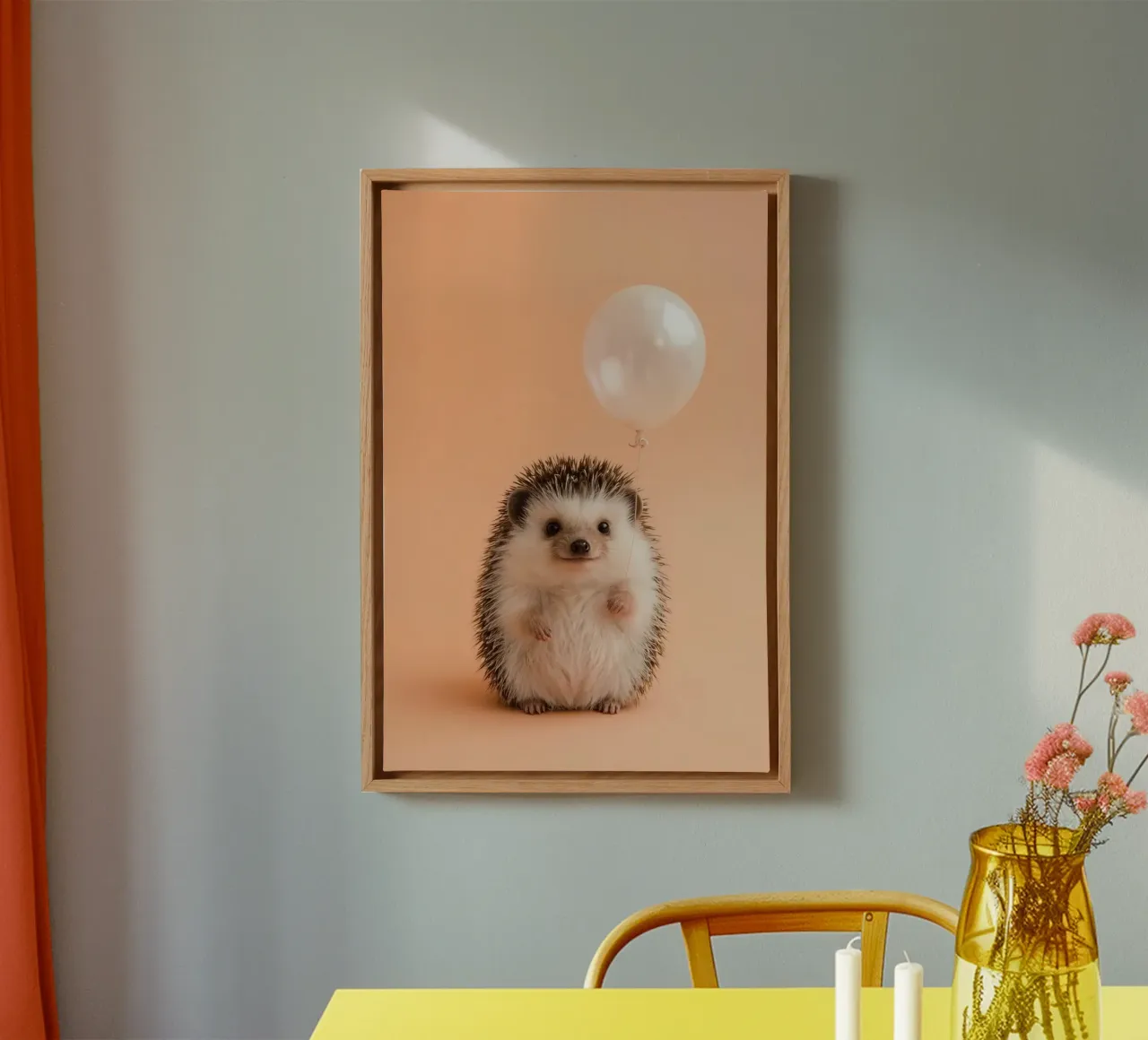 Hedgehog Holding White Balloon on Peach Background canvas with Floater frame by DesignDoodle