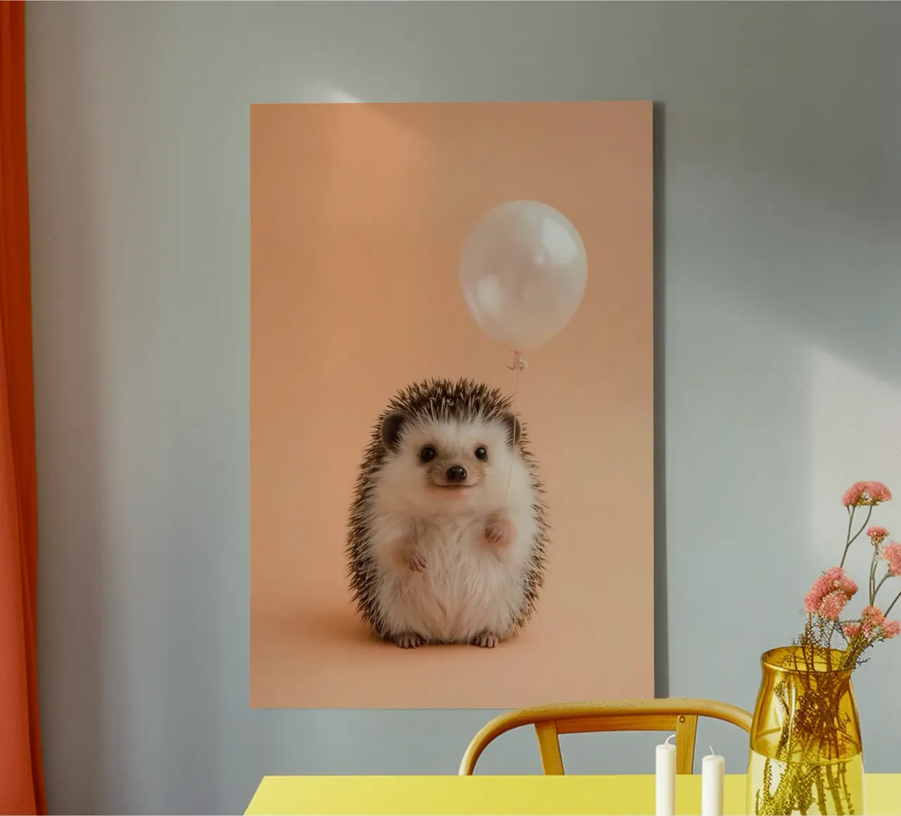 Hedgehog Holding White Balloon on Peach Background canvas with Floater frame by DesignDoodle
